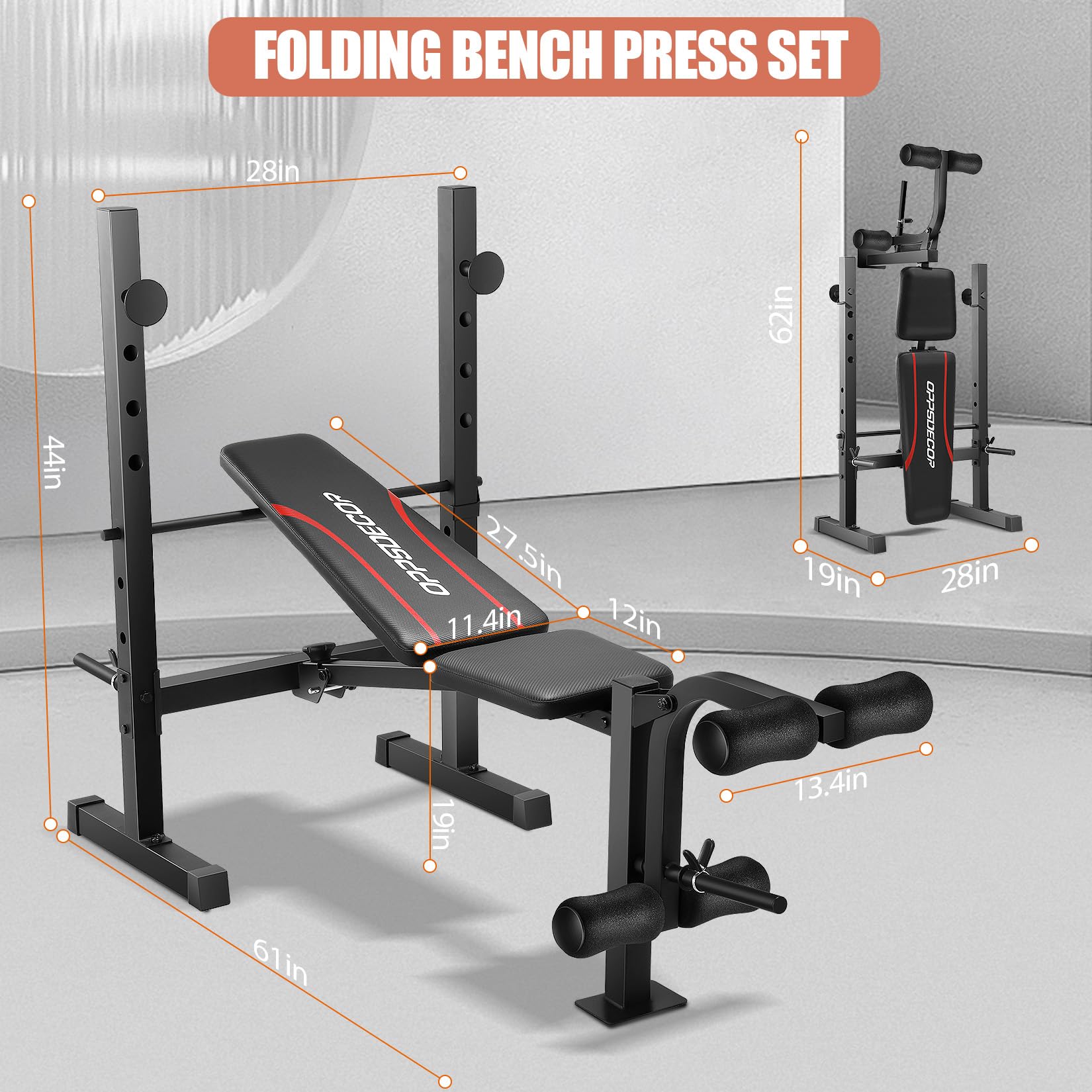 OPPSDECOR 600LBS Adjustable Weight Bench Set with Squat Rack & Leg Extension - Foldable Home Gym Equipment for Full Body Workout | Perfect for Strength Training, Muscle Building & Home Fitness