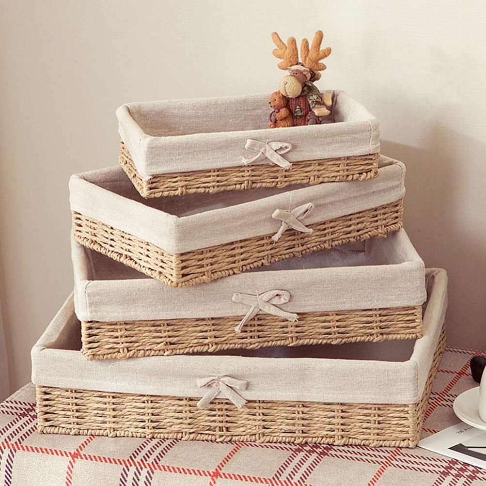Cabilock 4-Piece Woven Hyacinth Storage Baskets - Small Desk Organizer, Dresser Tray, Food & Fruit Storage Bin for Kitchen, Bathroom, Office - Perfect for Dried Fruits, Straws & Home Organization