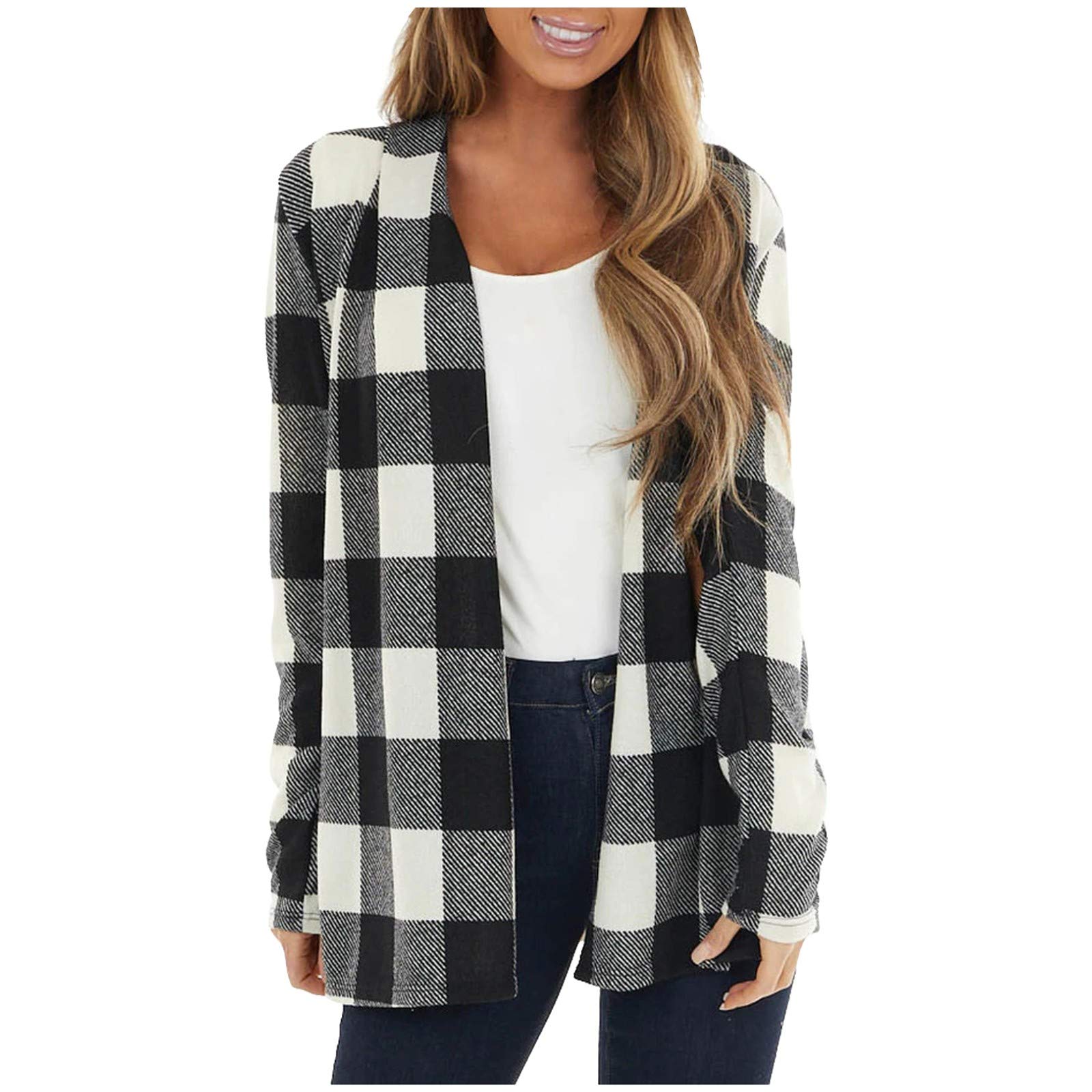 Women's Plaid Print Patchwork Cardigan - Open Front Long Sleeve Coat, Cozy Long Sweater for Fall & Winter | Perfect for Office, Casual Outfits & Layering