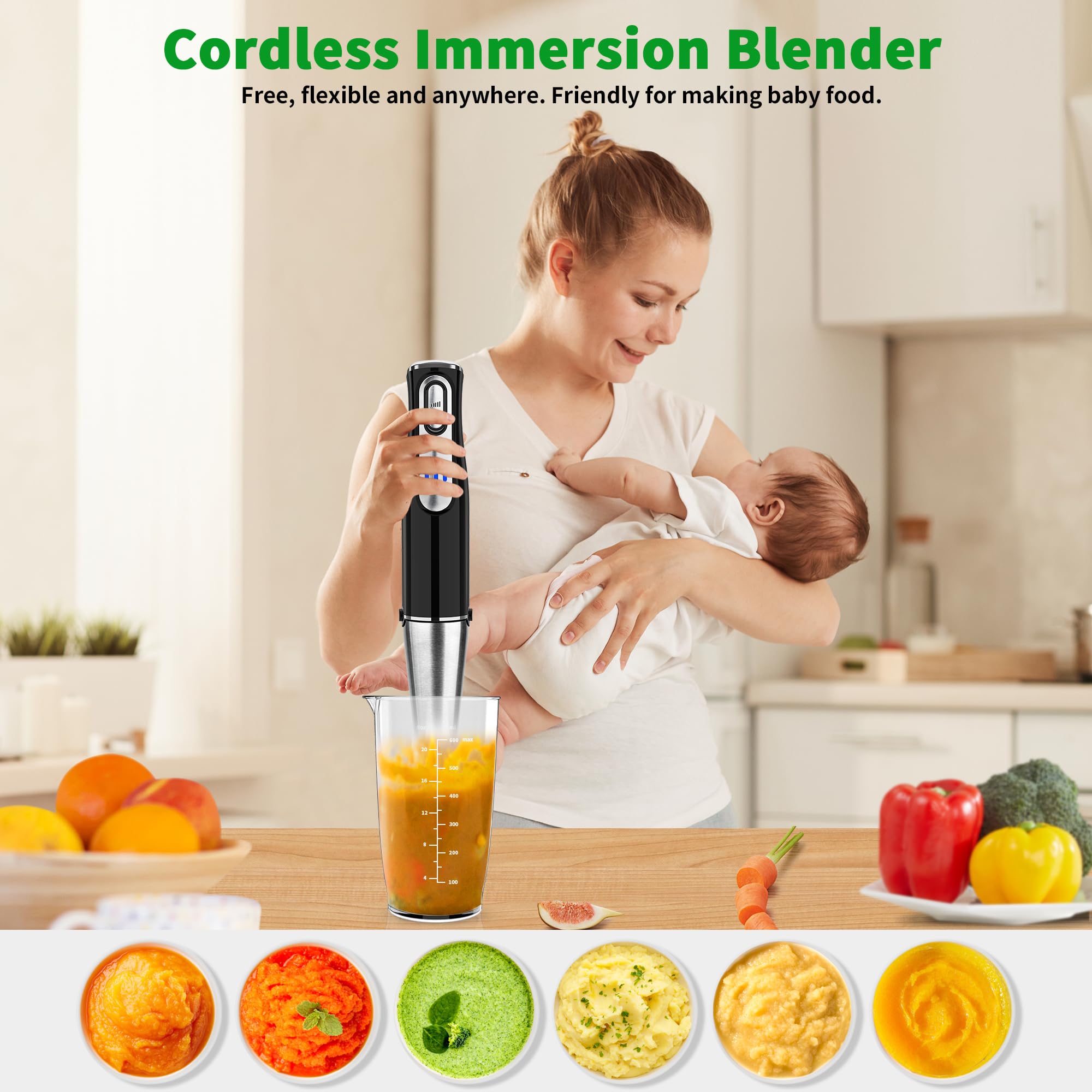 Rechargeable 4-in-1 Cordless Immersion Blender with Stainless Steel Blade - Handheld Electric Stick Blender with Chopper, Beaker & Whisk - Perfect for Soups, Baby Food, Smoothies & Kitchen Blending Tasks