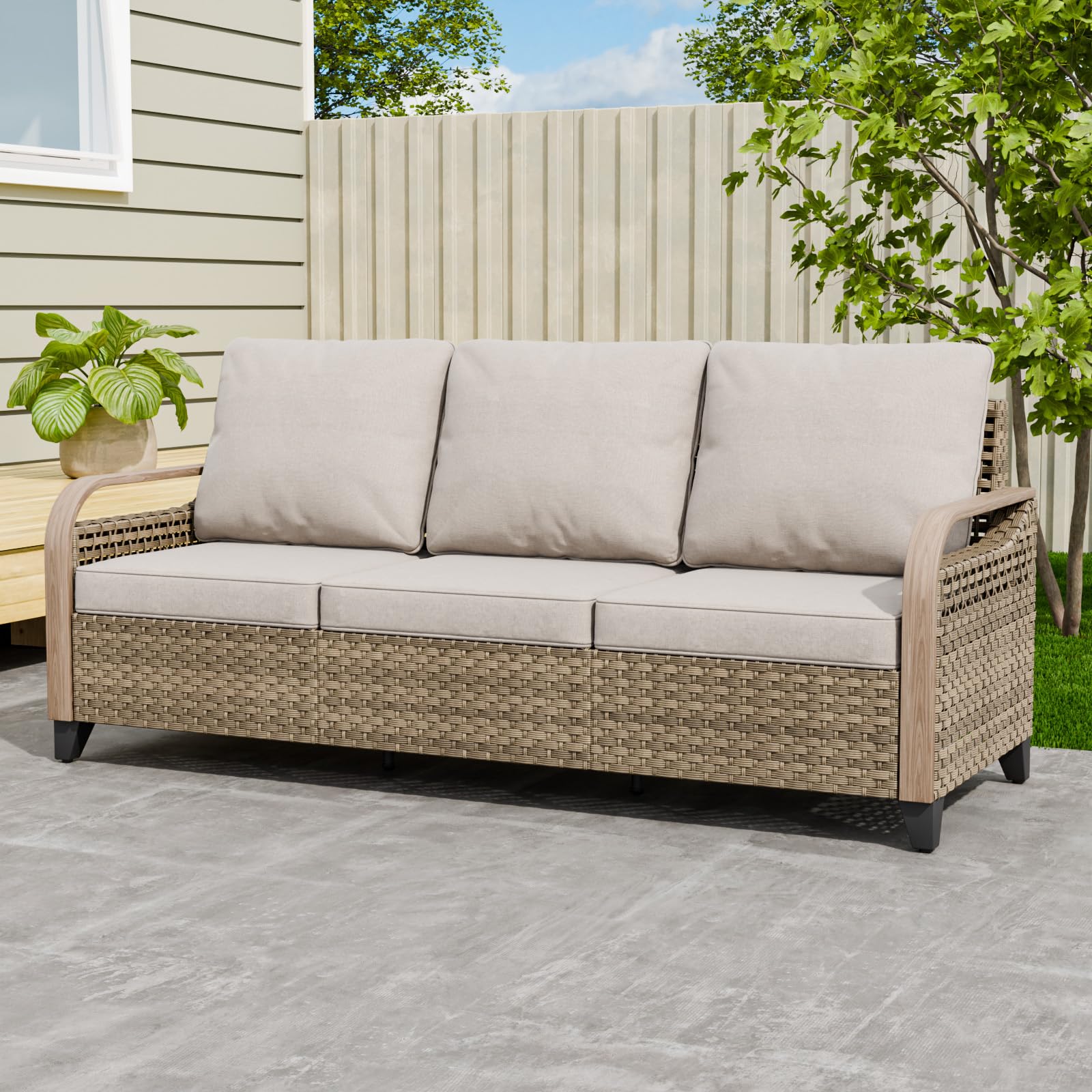 Modern Wicker Outdoor Patio Sofa Set - 3-Seater Rattan Loveseat Couch for Backyard, Deck, Porch & Balcony - Brown/Gray Weather-Resistant Furniture for Relaxing & Entertaining Guests