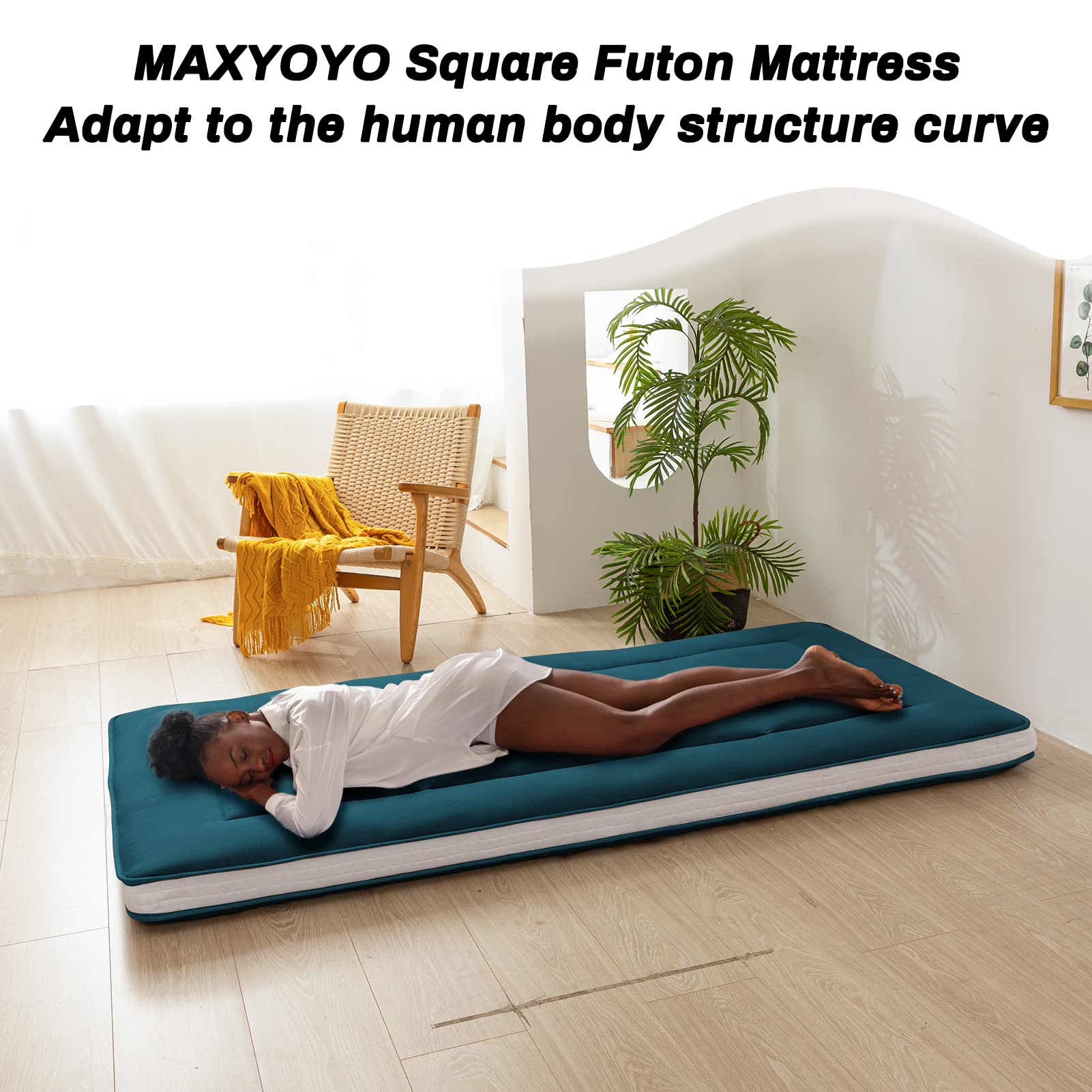 MAXYOYO Futon Mattress - Japanese Floor Sleeping Pad with Quilted Topper, Bluestone Blue | Foldable Floor Bed for Guest Room, Dorm, Camping & Yoga Mat Alternative