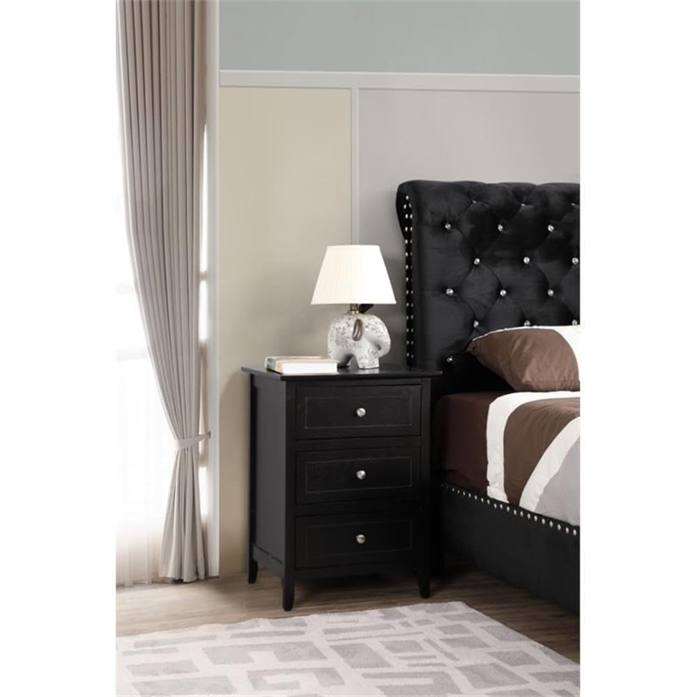 Glory Furniture Daniel 3-Drawer Nightstand in Black - Modern Bedside Table for Bedroom Storage & Organization