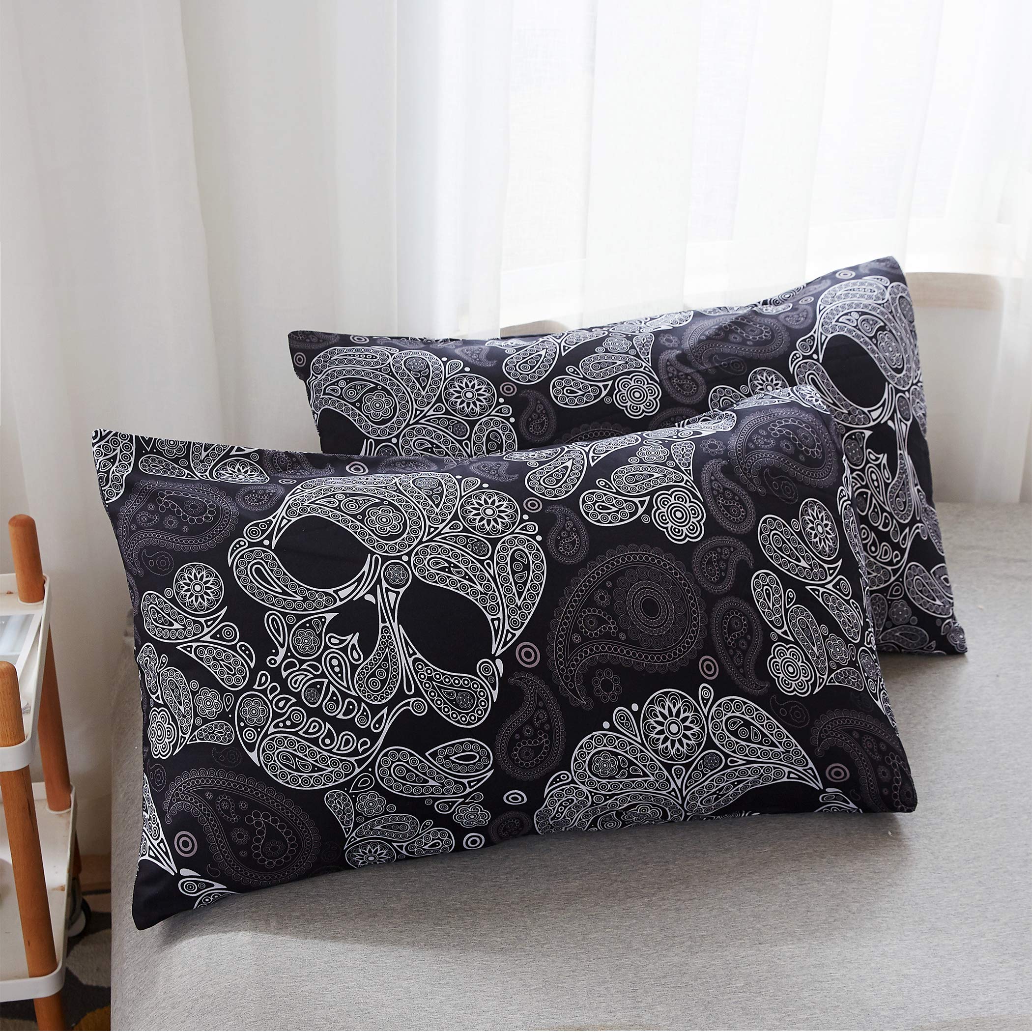 Premium King Size Halloween Duvet Cover Set - Skull Skeleton & Paisley Floral Pattern Luxury Soft Bedding (1 Duvet Cover + 2 Pillowcases) Black - Perfect for Spooky Bedroom Decor & Seasonal Home Styling