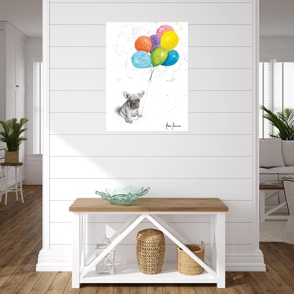 Fine Art Canvas - Little Frenchie and The Balloons Wall Decor by Artist Ashvin Harrison | Modern Home & Office Decor for Living Room, Bedroom, Bathroom, Kitchen, Bar, Dining & Guest Room | Ready to Hang 24x32 Inch Canvas Painting | Perfect for Gifts, Housewarming & Interior Design