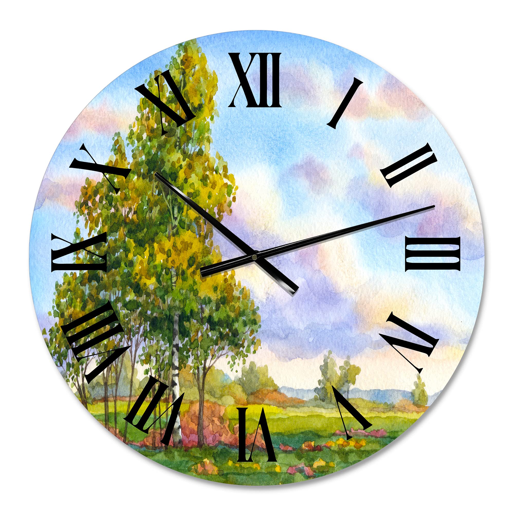 DesignQ Traditional Wall Clock - 'Landscape The Trees in The Evening Field' - Large Nature-Themed Wall Clock for Bedroom, Living Room & Office Decor - Perfect for Home, Office & Gifts