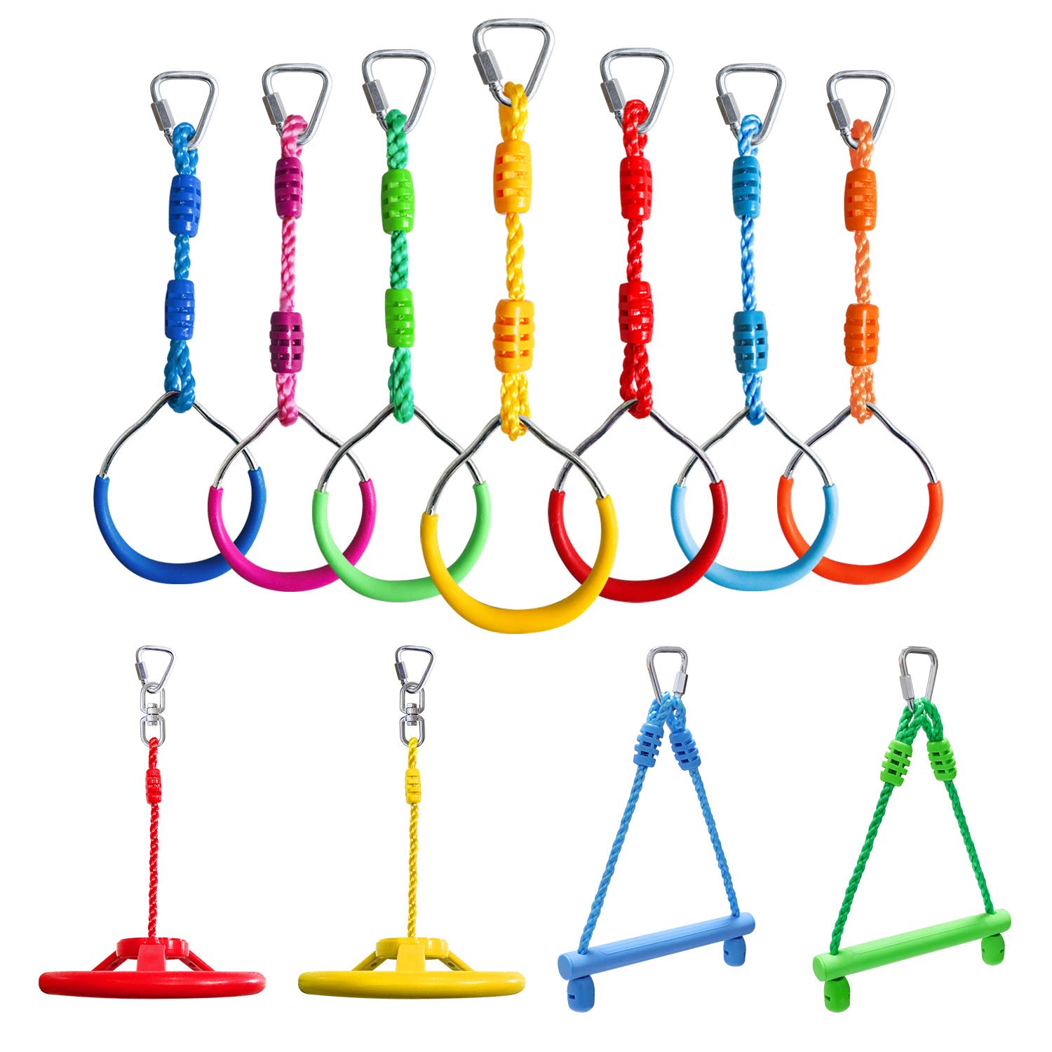 Ninja Warrior Obstacle Course Kit for Kids - 7pc Rings, 2pc Swing Trapeze Wheels & 2pc Monkey Bars | Outdoor Play Equipment for Backyard, Park & Playground Training