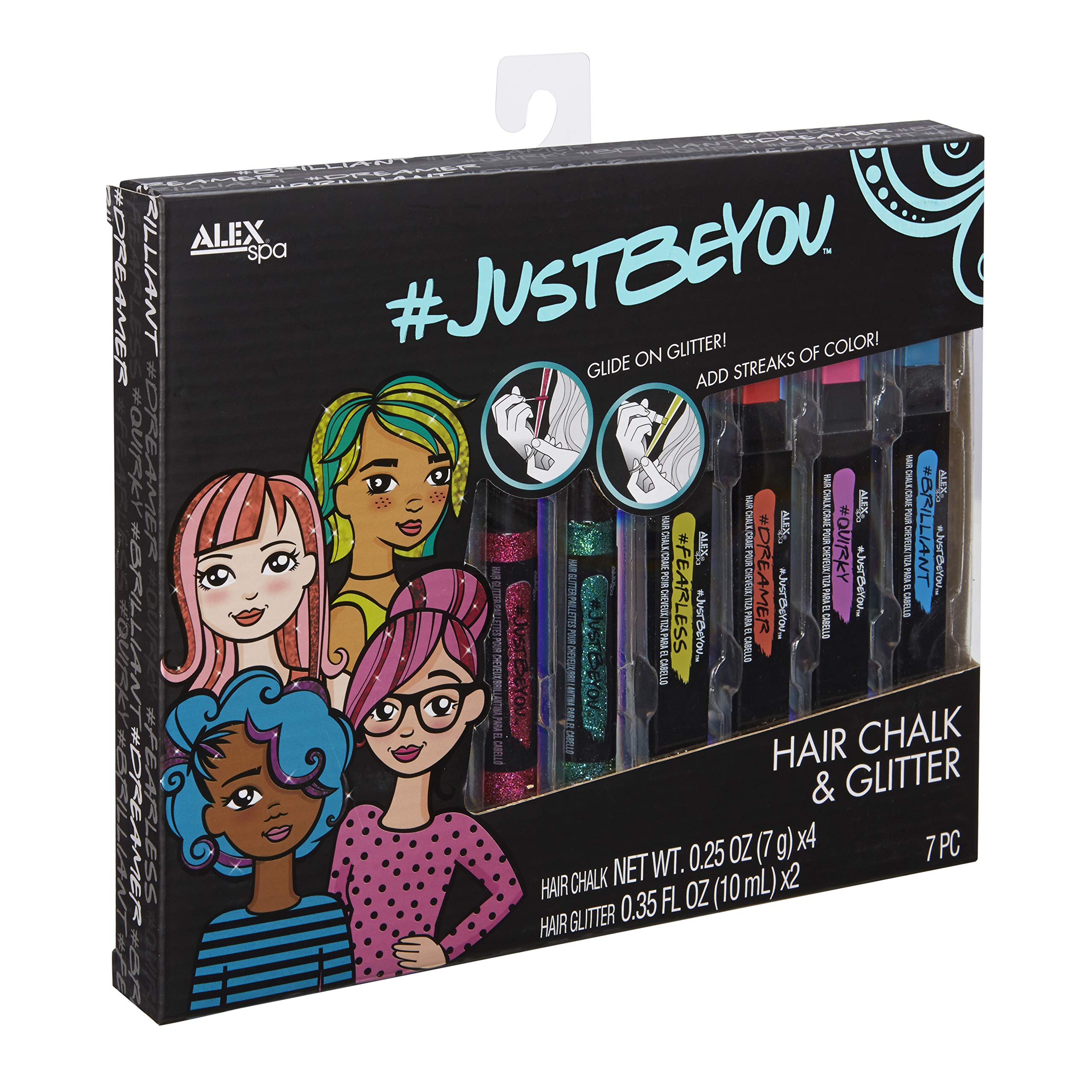 Alex Spa Justbeyou Temporary Hair Chalk & Glitter Set - 12 Vibrant Colors for Girls, Teens & Kids - Safe & Washable Hair Dye for Parties, Halloween, Cosplay & Fashion Events