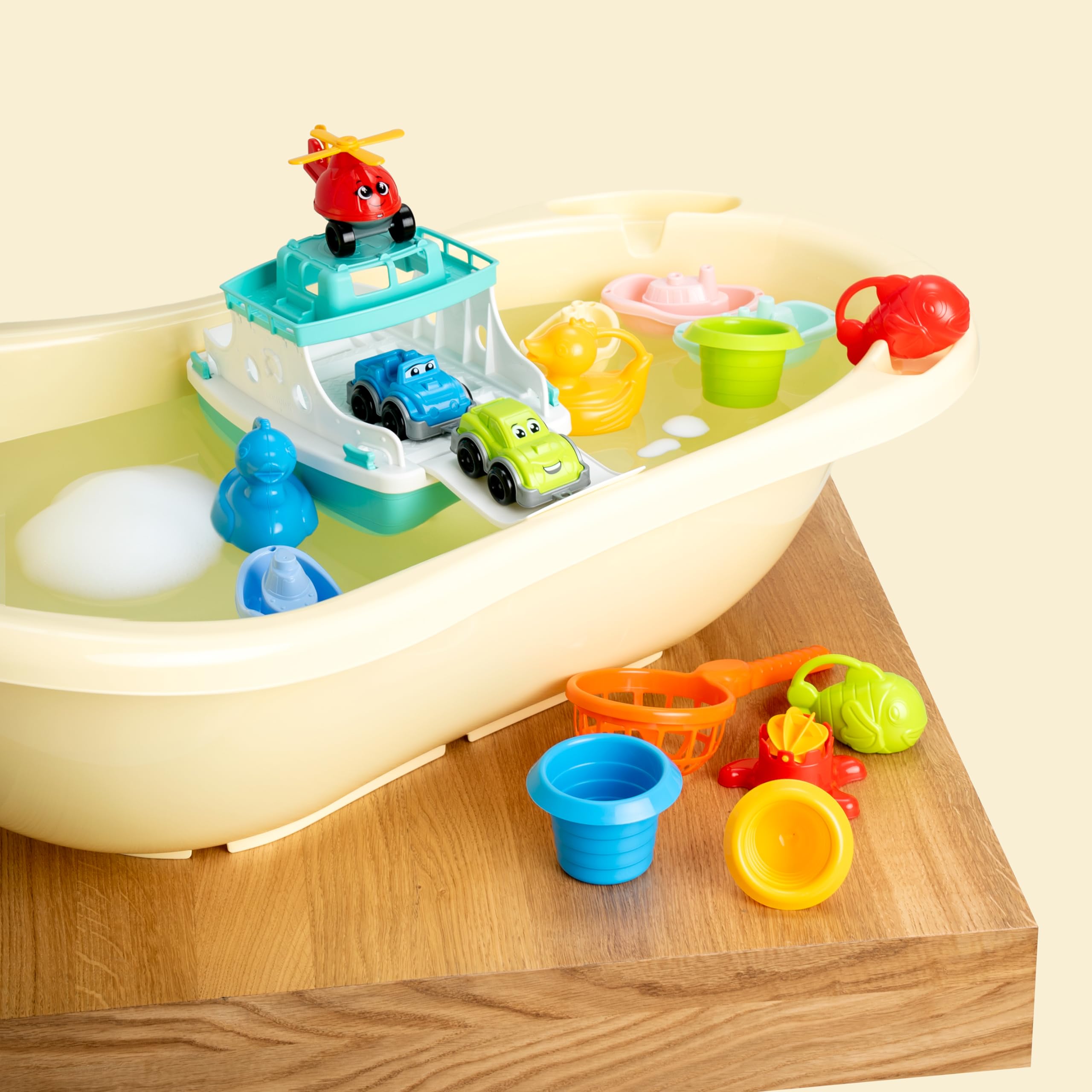 **Ferry Boat Toys Set with Helicopter & 2 Cars | Toddler Bath Toys for Boys & Girls | Stacking Cups & Water Play Boats | Fun Learning & Sensory Play for Bathtime & Pool**