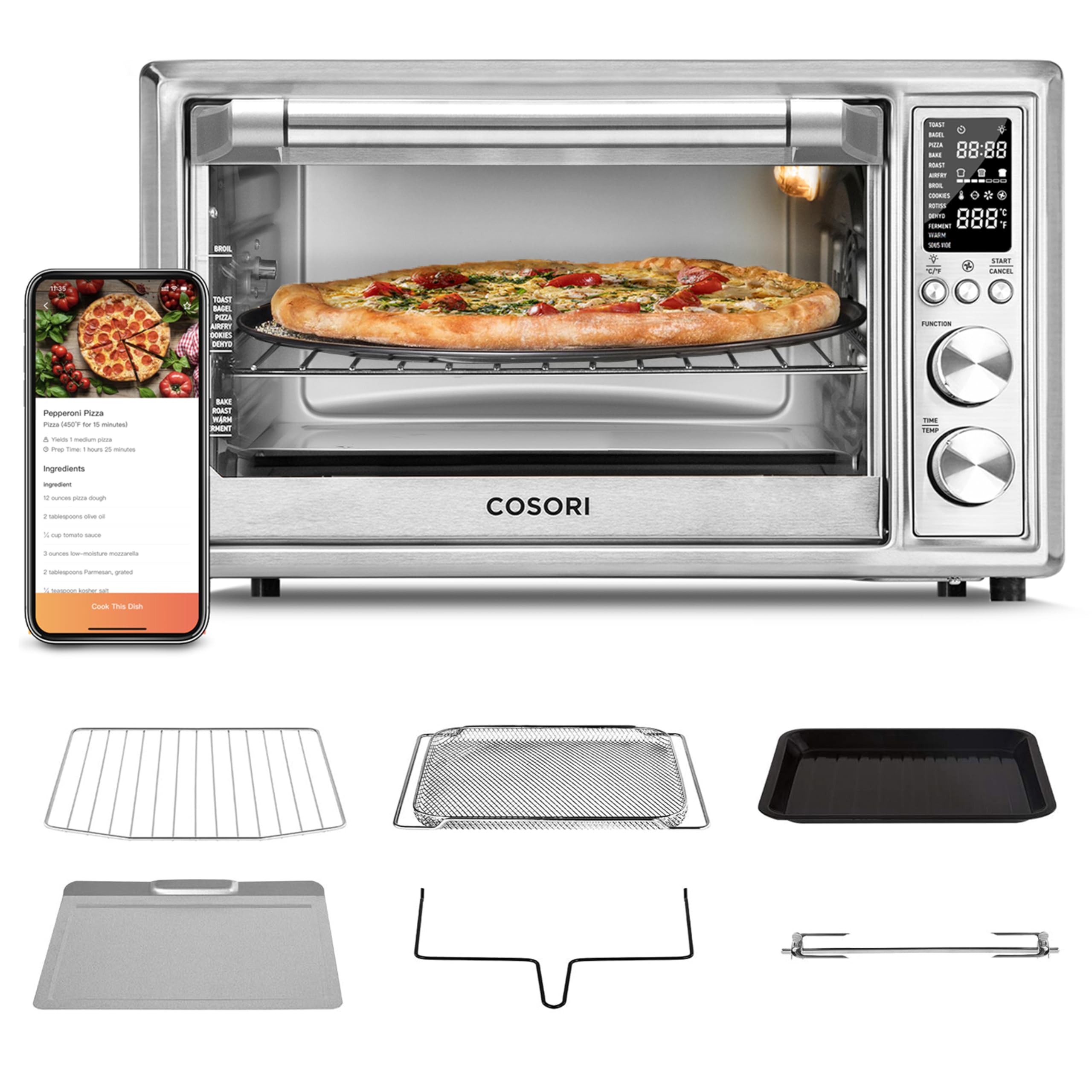 COSORI 13-in-1 Air Fryer Toaster Oven Combo with APP & Alexa Voice Control - 32Qt Large Capacity Convection Countertop Oven for Baking, Broiling, Roasting, Dehydrating & Sous Vide - Includes 134 Digital Recipes & 4 Accessories (Silver Stainless Steel) - Perfect for Family Cooking, Meal Prep & Healthy Air Frying