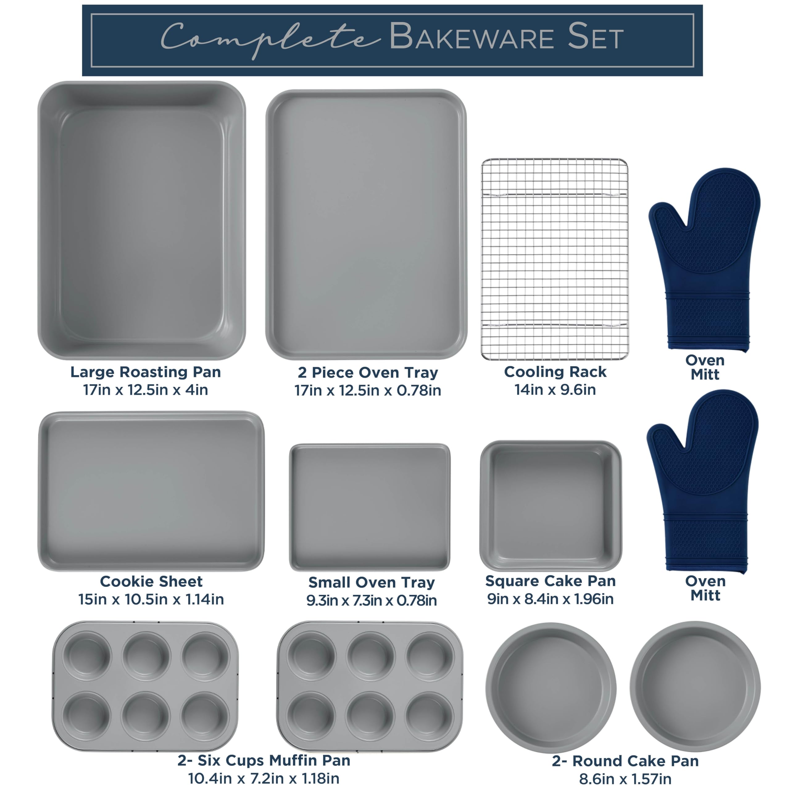 Nonstick Stackable Bakeware Set - 13-Piece Durable & Easy Release Country Kitchen Baking Pans in Denim Blue - Perfect for Cakes, Cookies, and Family Dinners
