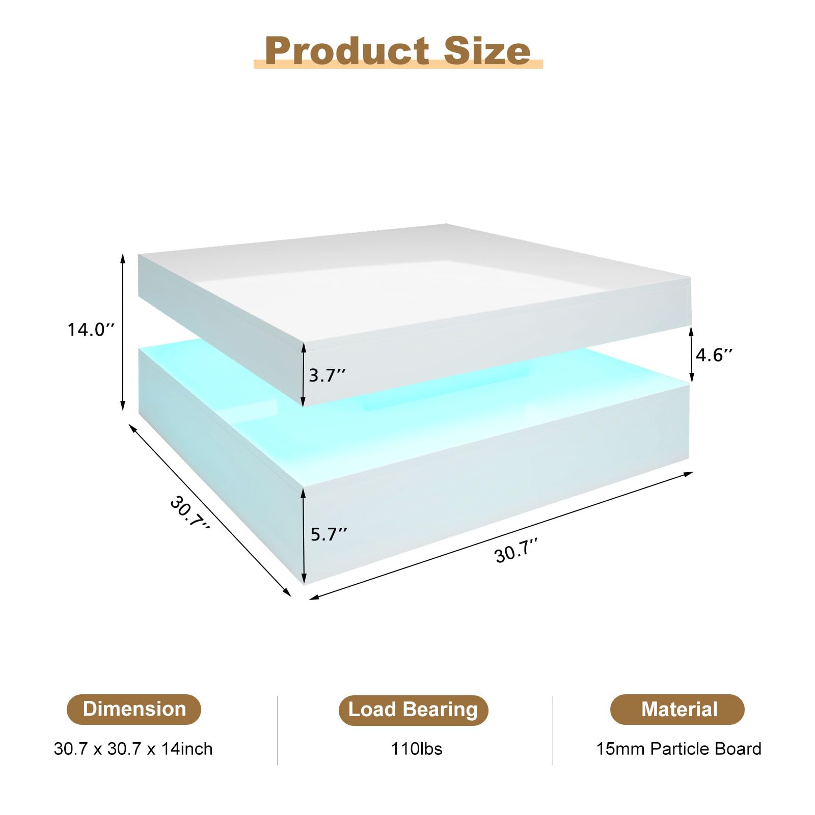 Modern White LED Coffee Table with Storage - 2-Tier Square Living Room Center Table, High Gloss Contemporary Wood Design for Dining & Reception Areas | Perfect for Small Spaces, Apartments and Modern Home Decor