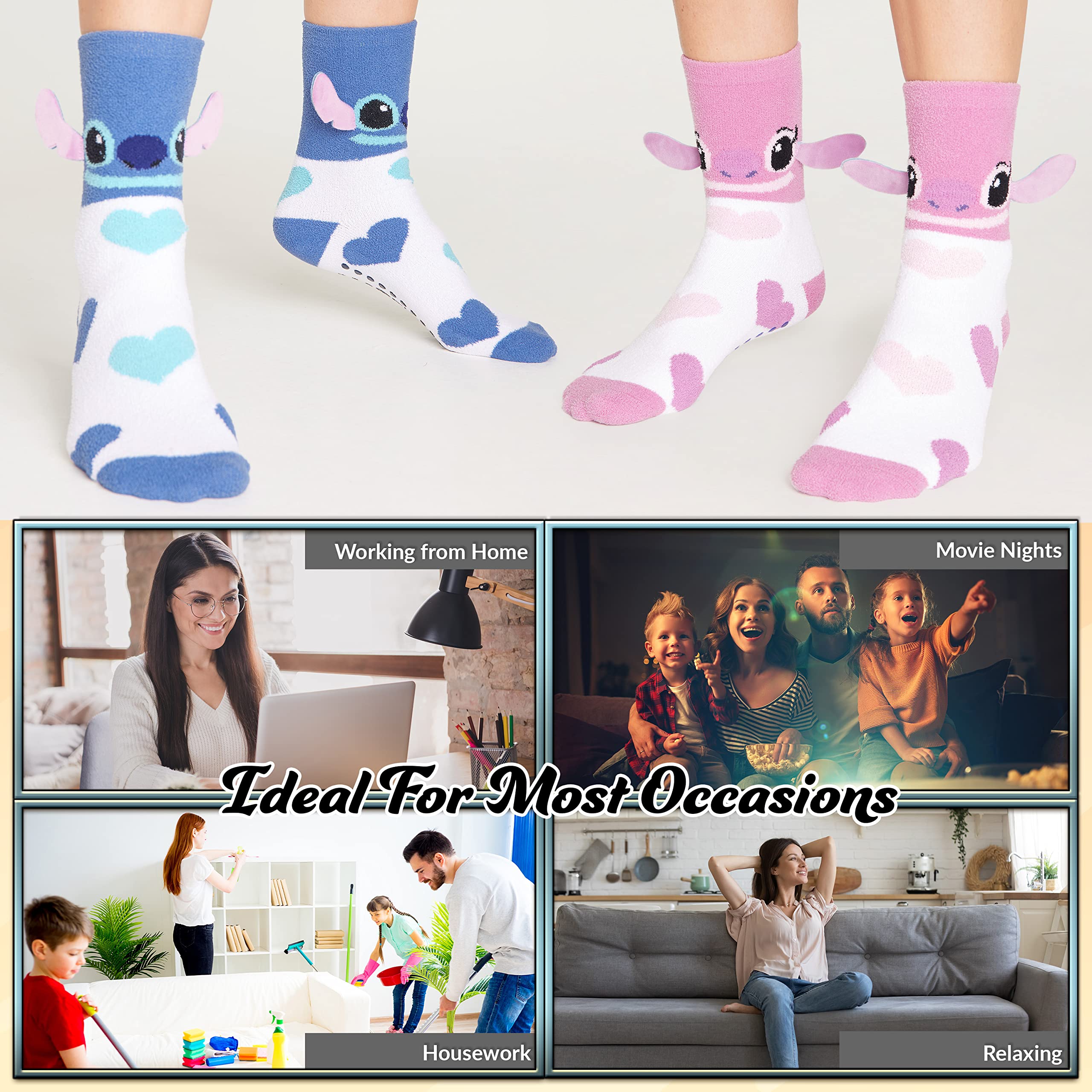 Disney Stitch Fluffy Socks for Women - 3 Pack Cozy Slipper Socks with Cute Stitch Design - Perfect Gift for Disney Fans, Christmas & Winter Home Comfort