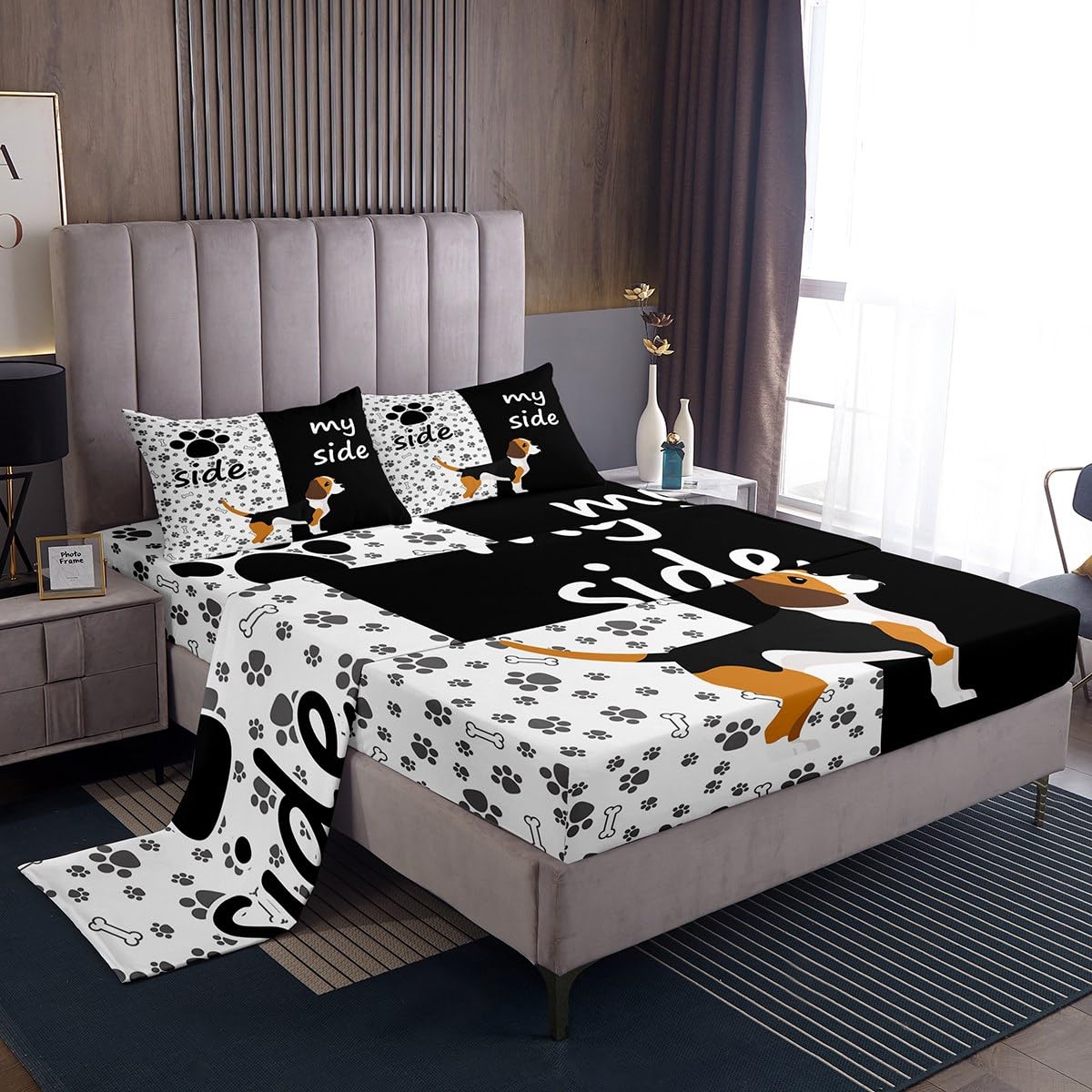 Erosebridal Cute Dog Paw Print Queen Size Bed Sheet Set - Black & White Puppy Bones Design for Kids, Boys & Girls | Soft & Comfortable Animal Themed Bedding Includes Fitted Sheet, Flat Sheet & 2 Pillowcases | Perfect for Pet Lovers' Bedroom Decor & Cozy Sleep