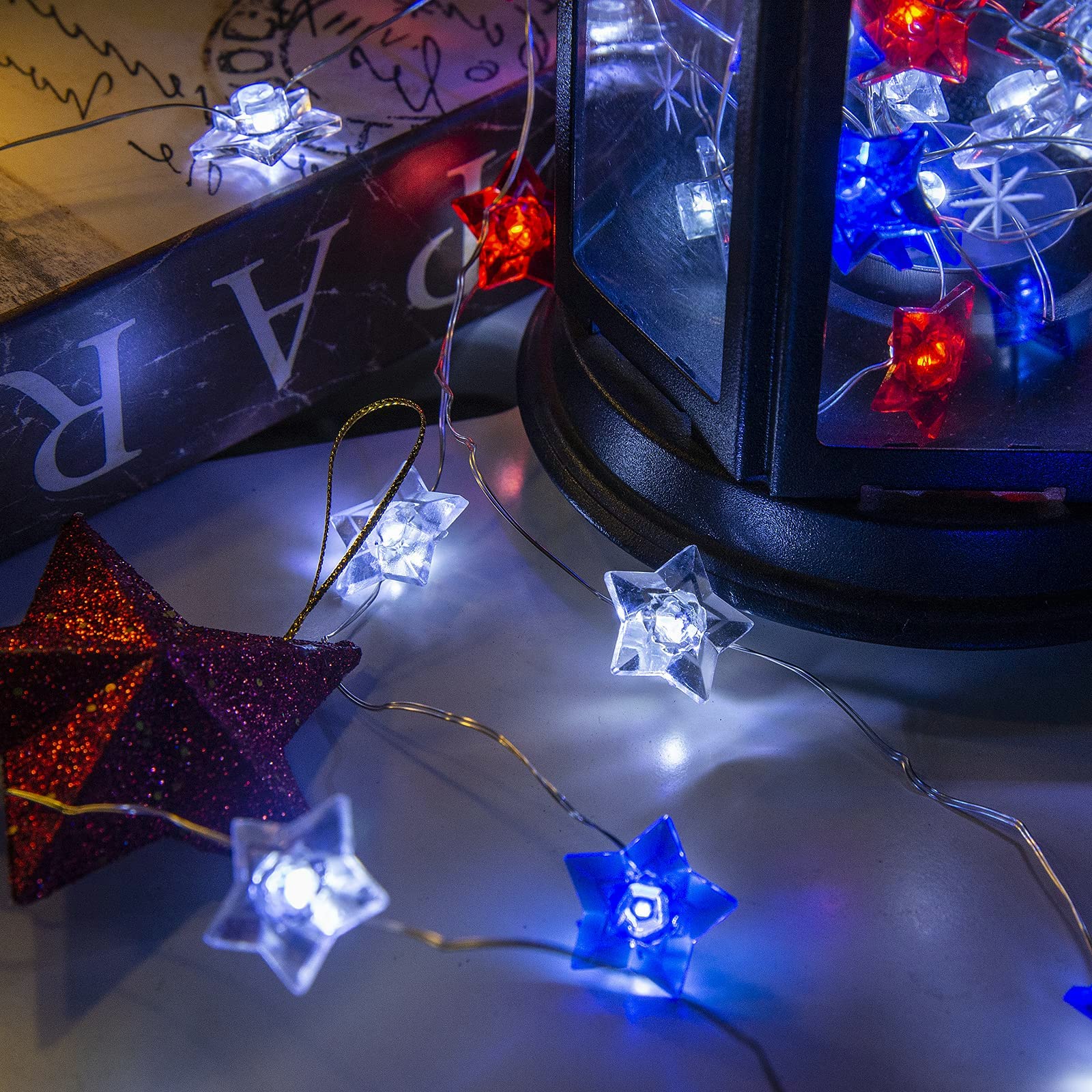 LOLStar Patriotic 4th of July String Lights - Red White & Blue 3D Star Fairy Lights, Waterproof Indoor/Outdoor LED Decorations for Independence Day, Memorial Day, BBQ Parties & Backyard Celebrations