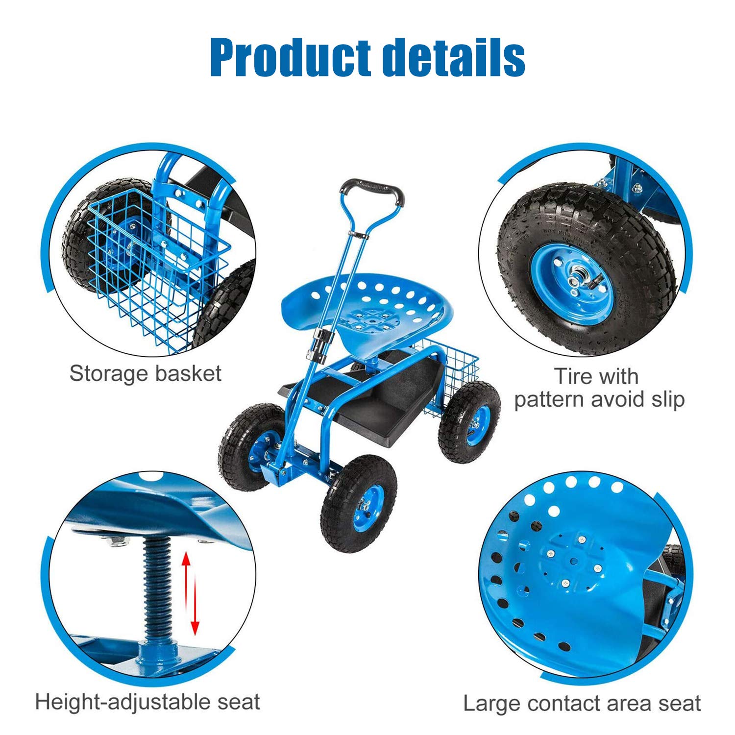 Heavy Duty Garden Cart with Extendable Handle - Rolling Scooter for Gardening, Planting & Yard Work - Perfect for Soil Transport, Mulch Hauling & Outdoor Projects