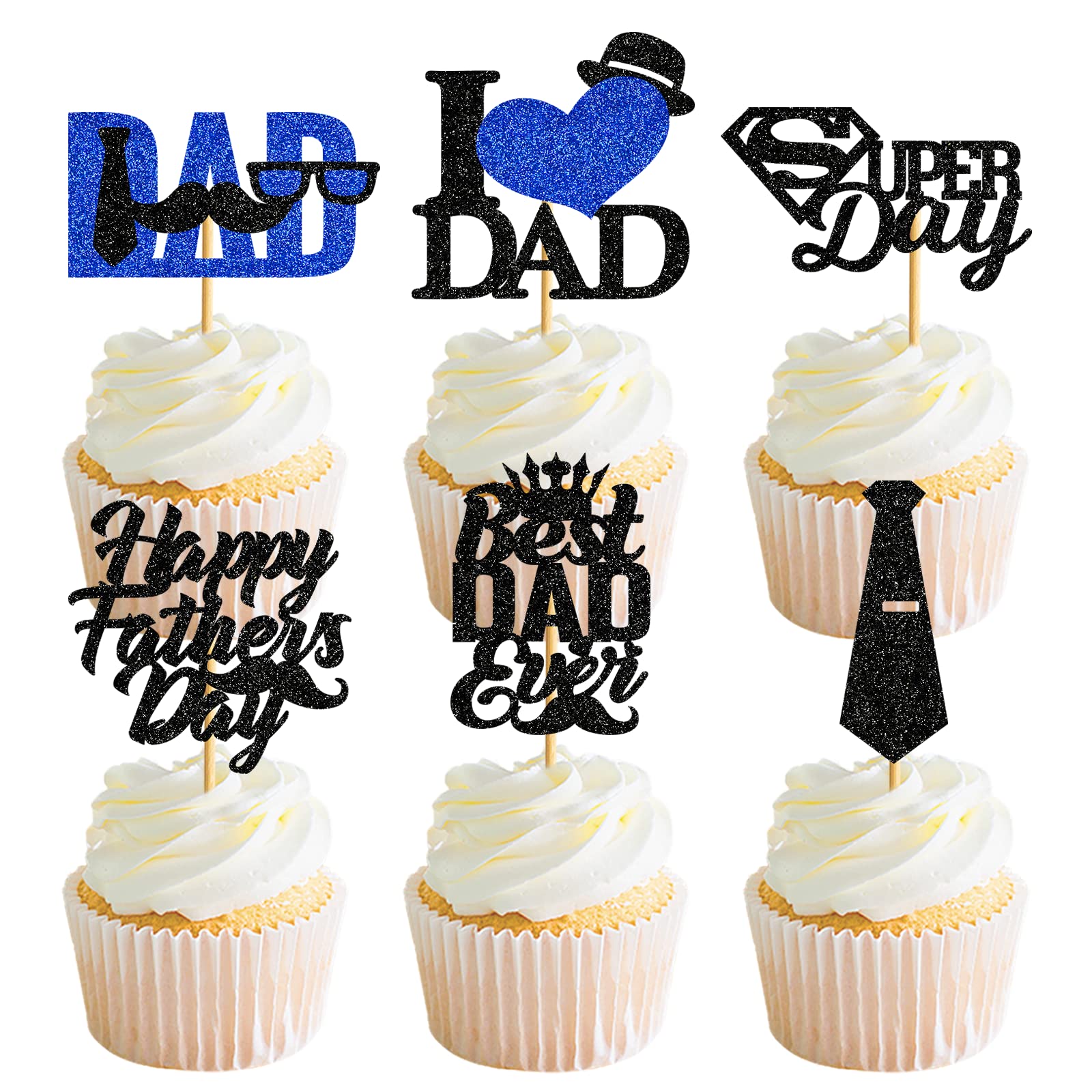 Happy Father's Day Cupcake Toppers - Glitter Mustache Dad Decorations for Baking | Perfect for Father's Day Parties, Birthday Celebrations & DIY Dessert Decor