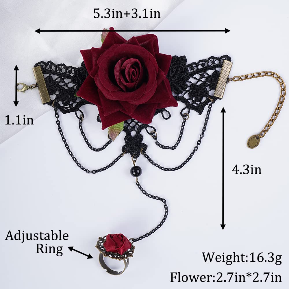 Elegant Black Lace Bracelet with Rose Ring - Floral Charm Bracelet for Women | Gothic Jewelry for Halloween Party, Date Night & Special Occasions