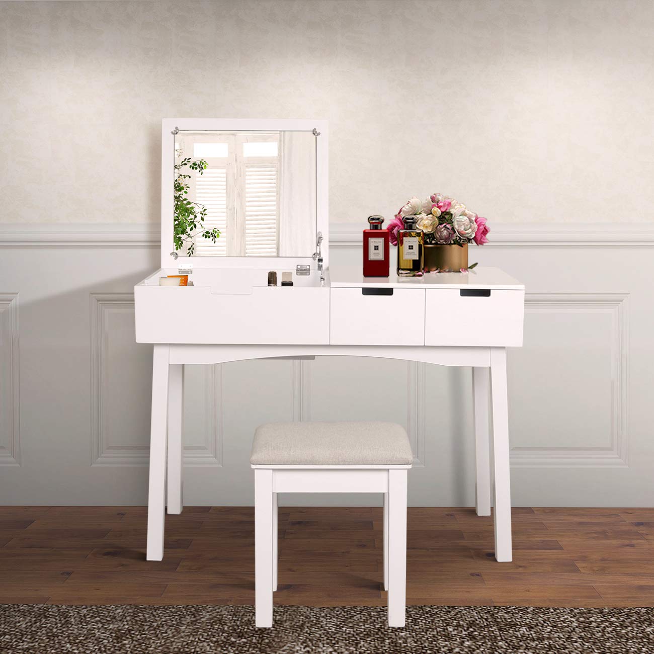 Jaisting Vanity Beauty Station with Flip Top Mirror - Makeup Dressing Table Set with 2 Drawers & Large Storage, White Writing Desk for Bedroom & Home Office Organization | Perfect for Makeup, Skincare & Workspace