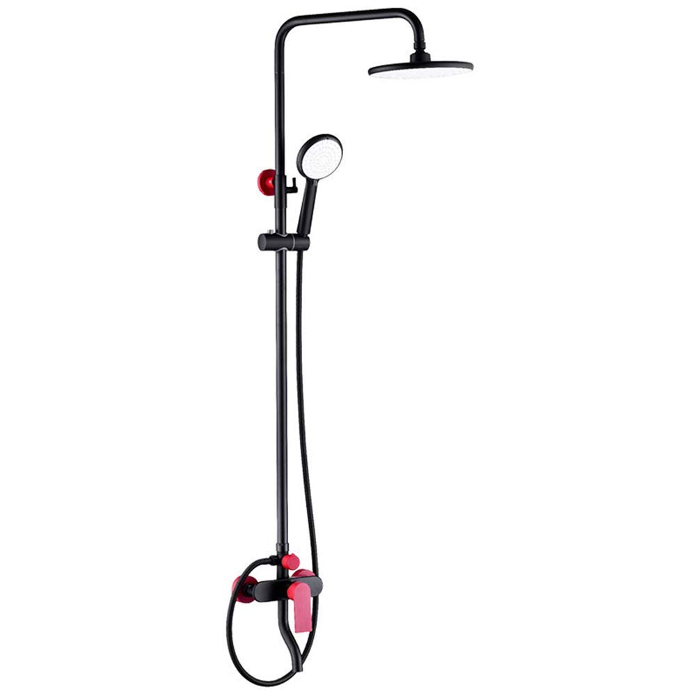 CHLDDHC Black and Red Rain Mixer Shower Set with Round Shower Head, Hand Shower & Tub Faucet - Modern Bathroom Fixture for Spa-Like Shower Experience