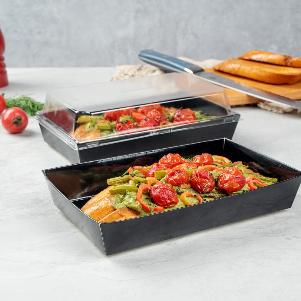 Restaurantware Matsuri Vision 8x5x1.5 Inch Medium Sushi Trays - 100 Greaseproof Disposable Black Paper Sushi Containers for Entrees & Desserts (Lids Sold Separately) | Perfect for Japanese Restaurants, Catering & Takeout