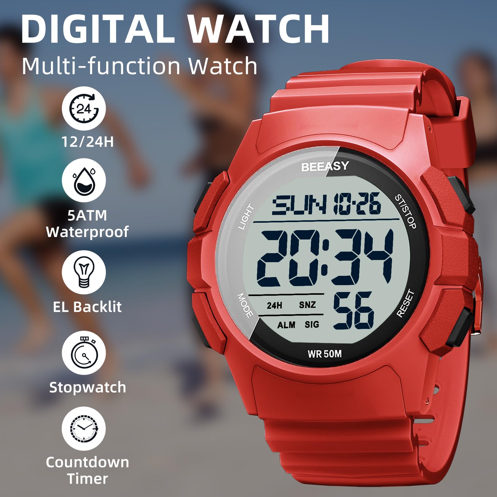 Beeasy Men's Digital Sports Watch - Waterproof, Stopwatch, Countdown Timer, Alarm, Dual Time - Durable Rubber Strap Wristwatch for Men & Students | Perfect for Running, Swimming, Gym & Outdoor Activities
