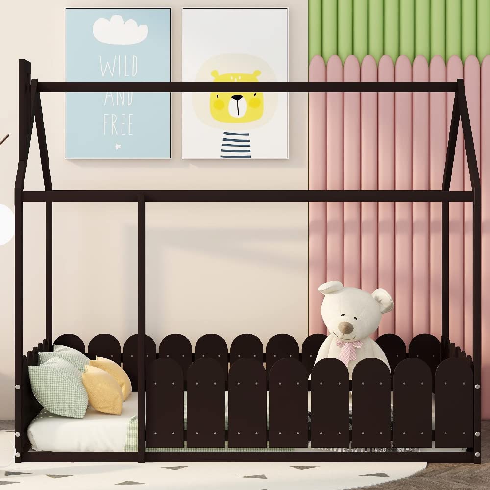 MERITLINE Wooden Twin House Bed for Kids & Teens - Montessori Cabin Bed with Roof & Fence - Toddler Floor Bed in Espresso - Perfect for Bedrooms, Playrooms & Montessori Learning Spaces