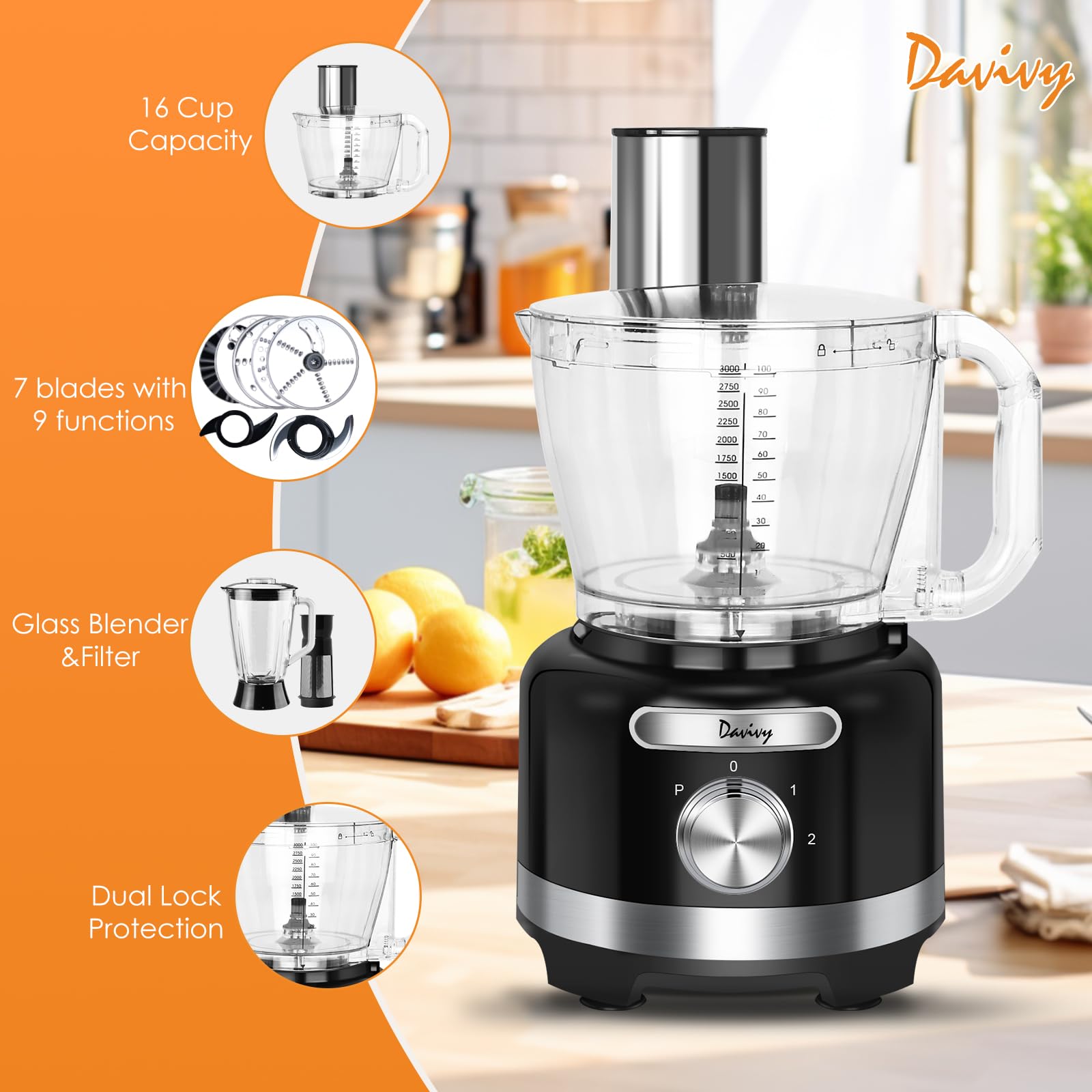 Davivy 16-Cup Food Processor Blender Combo - 600W 10-in-1 for Chopping & Blending - Perfect for Home Cooking