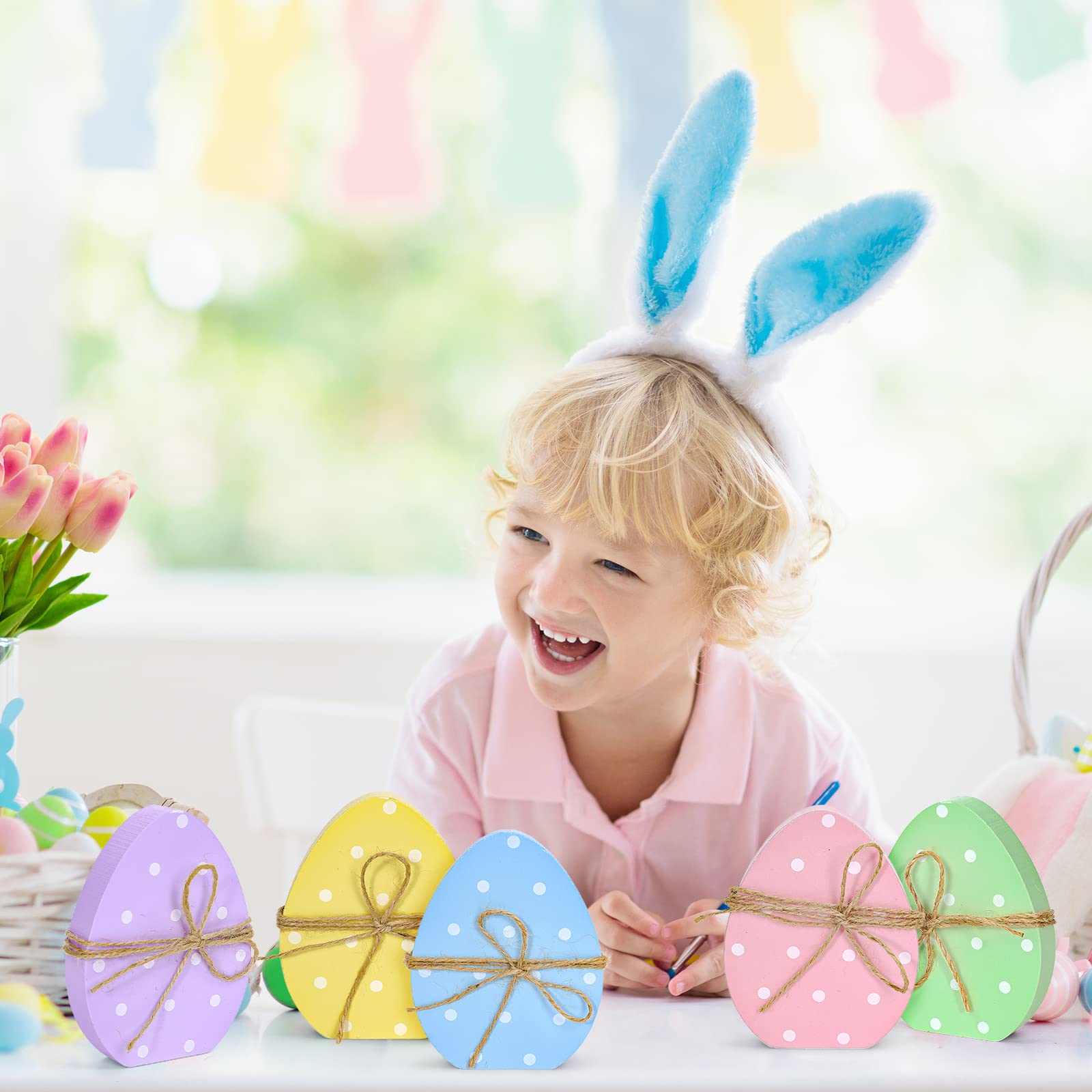 Whaline 5Pcs Easter Wooden Egg Decor - Polka Dot Table Centerpieces, Spring Easter Standing Egg Signs for Tiered Tray & Home Party Decor - Perfect for Easter Tablescapes, Spring Home Decor & Holiday Celebrations