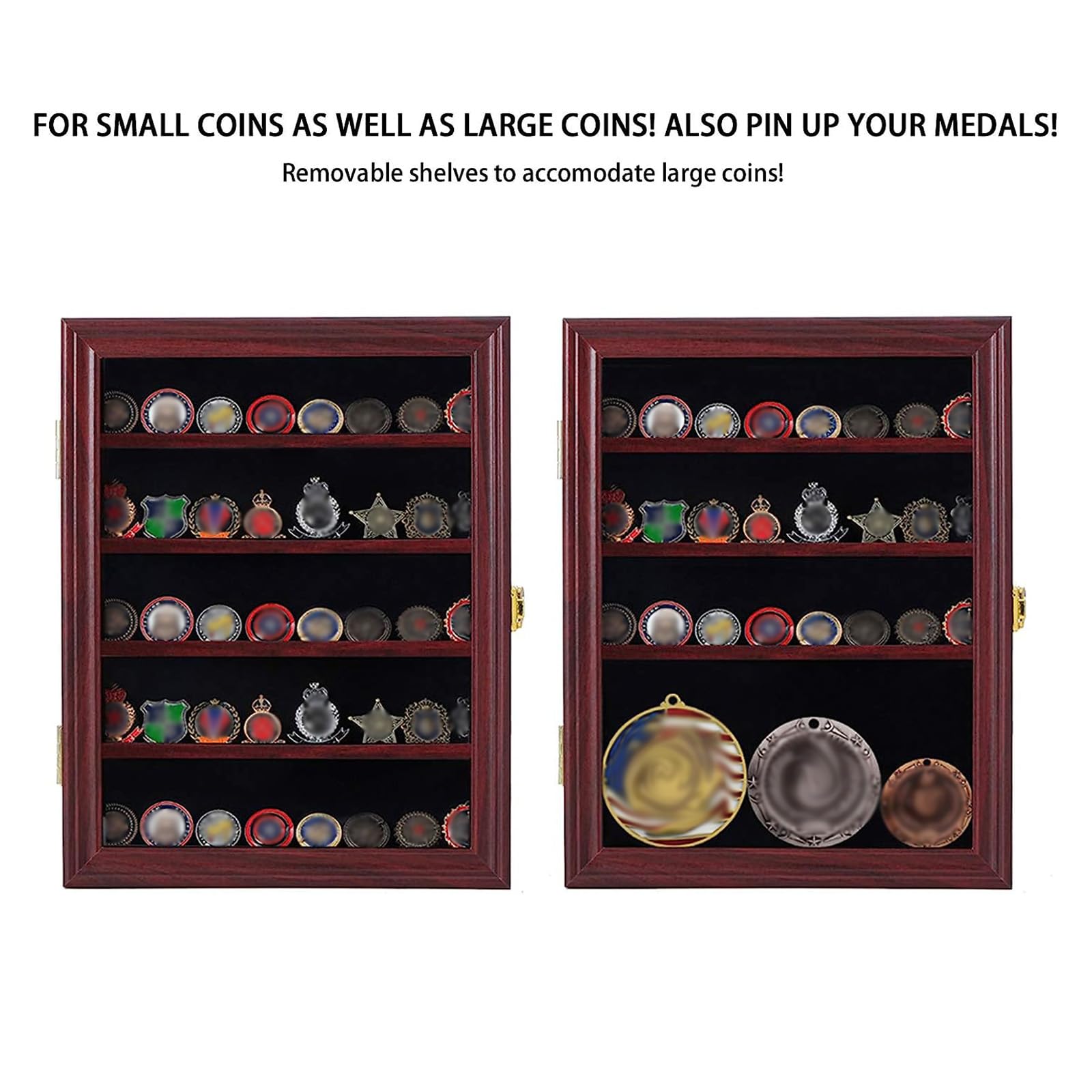 Jinchuan Lockable Military Challenge Coin Display Case - Mahogany Shadow Box with Removable 2-Shelf Design & Anti-Fade Acrylic Glass Door - Perfect for Casino Poker Chips, Collectibles, and Military Memorabilia Display at Home or Office