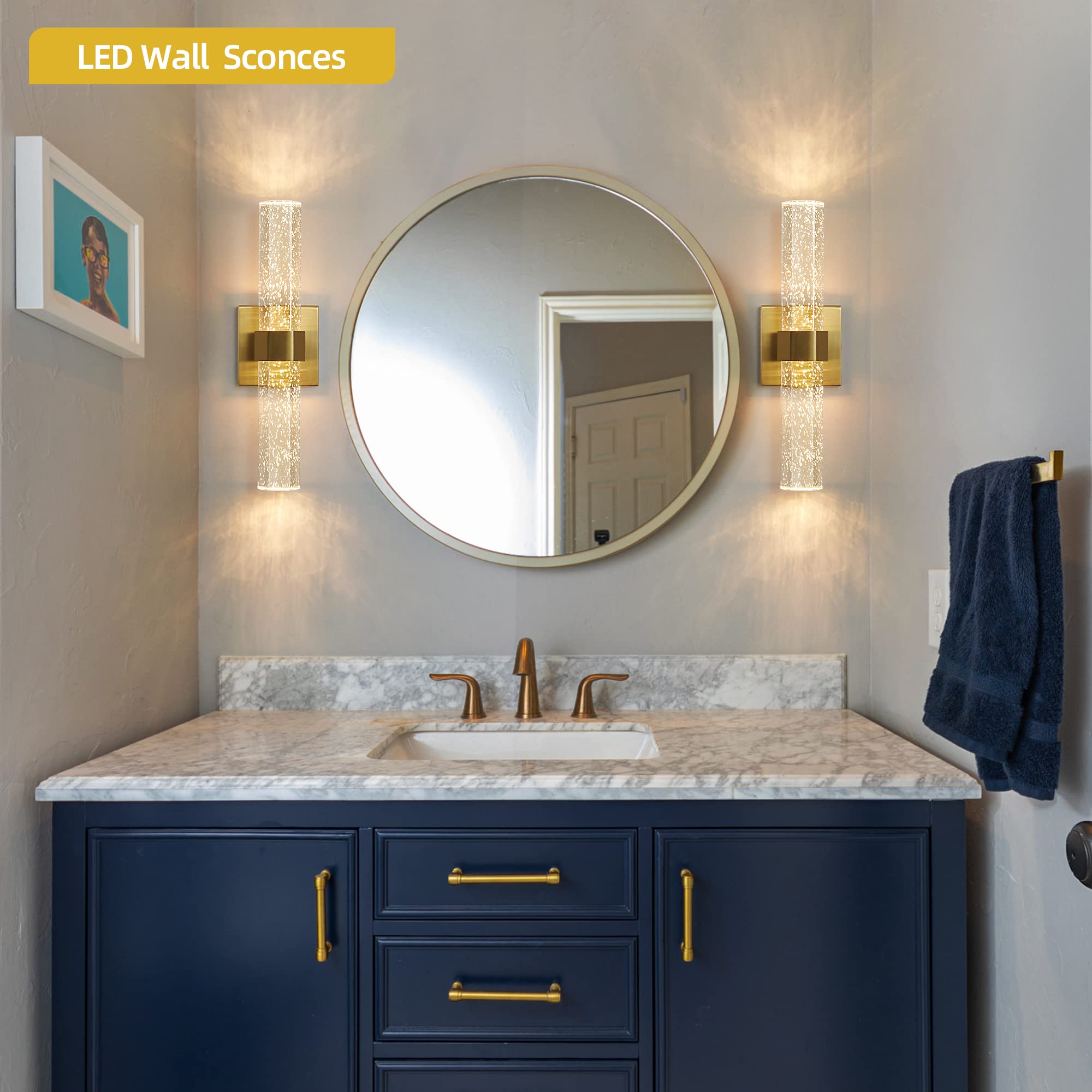 Gold Wall Sconces Set of 2 - 14W Dimmable LED Crystal Bathroom Light Fixtures with Bubble Glass (15.7 Inch) - Indoor Vanity Lighting for Bathroom, Hallway & Bedroom (2 Pack) | Perfect for Modern Home Décor & Ambient Lighting