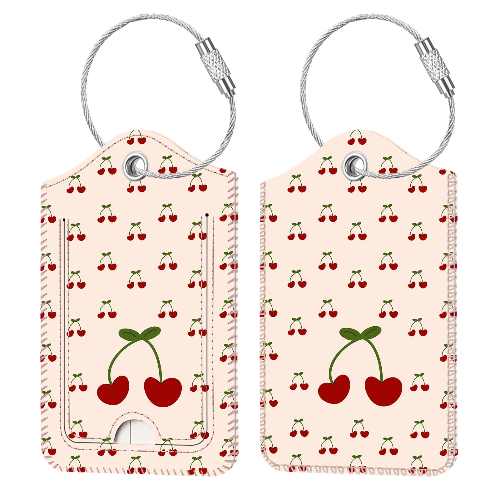 Fintie Privacy Cover Luggage Tags with Stainless Steel Loop & ID Card - Cherry (2 Pack) for Suitcase, Travel Bag, Backpack - Perfect for Airports, Cruises & Business Trips
