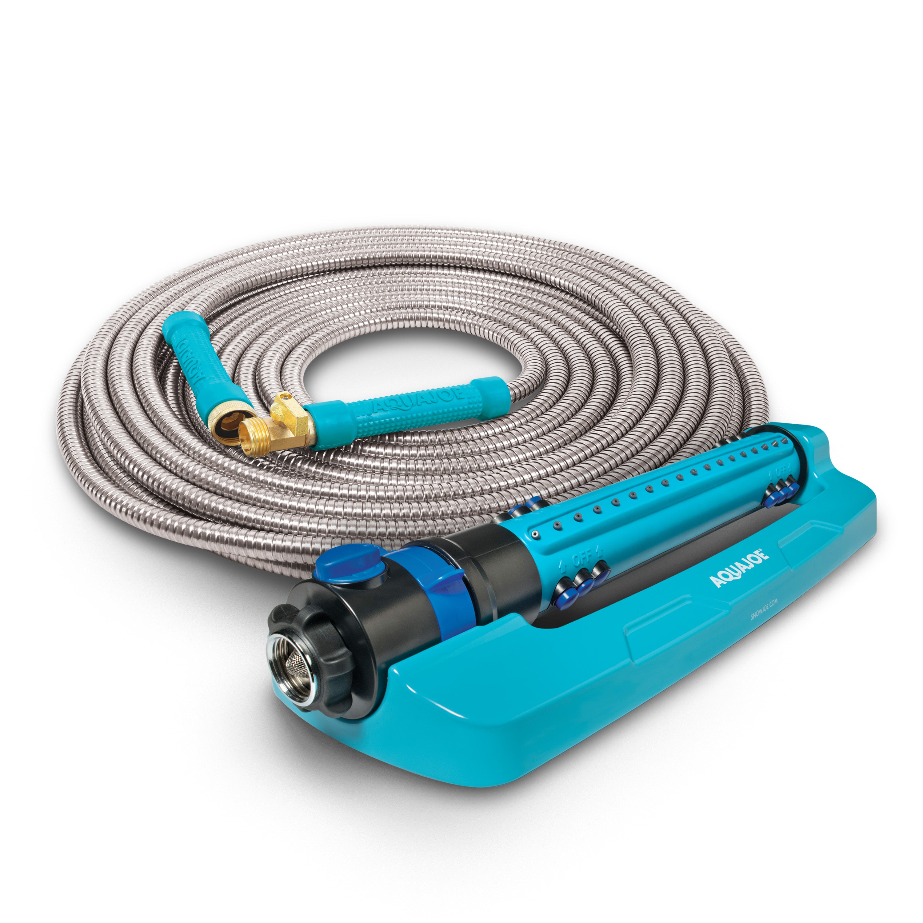 Aqua Joe 50ft Metal Garden Hose with Oscillating Sprinkler - Heavy Duty Water Hose for Lawn, Garden & Outdoor Cleaning - Perfect for Watering Grass, Washing Cars & Patio Maintenance