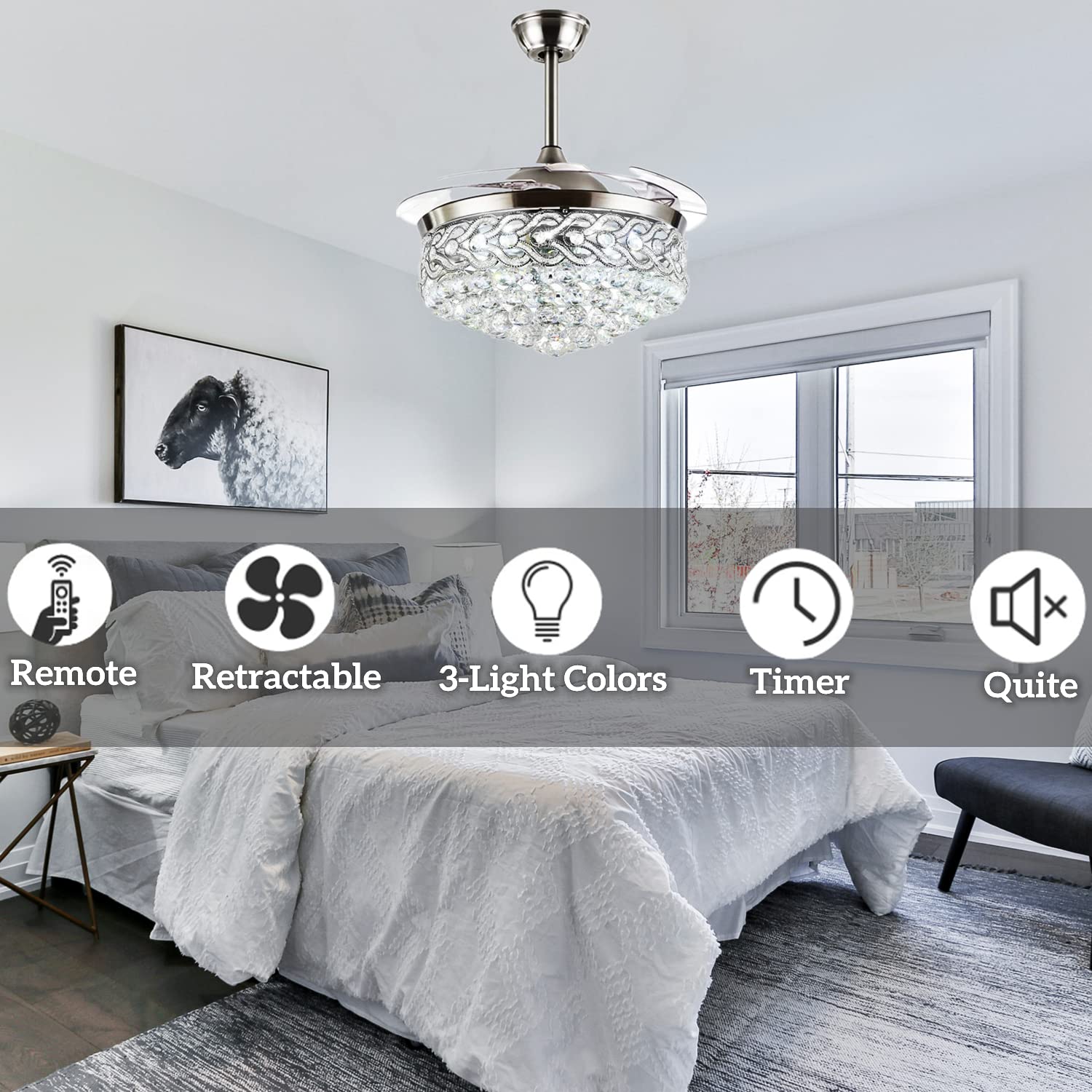 RuiWing 42 Inch Modern Crystal Ceiling Fan with LED Lights - Retractable Remote Control Fandelier, 3 Speed Settings & 3 Color Temperatures, Ultra Quiet Chandelier Lighting Fixture for Living Room, Bedroom, Dining Room, Restaurant & Office Spaces