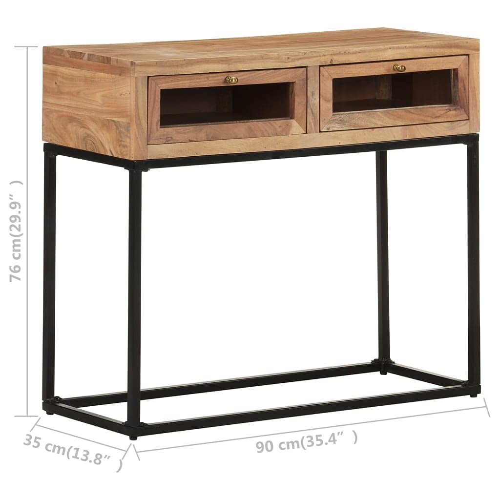 Industrial Console Table with Glass Drawer - Solid Acacia Wood Entryway Table 35.4