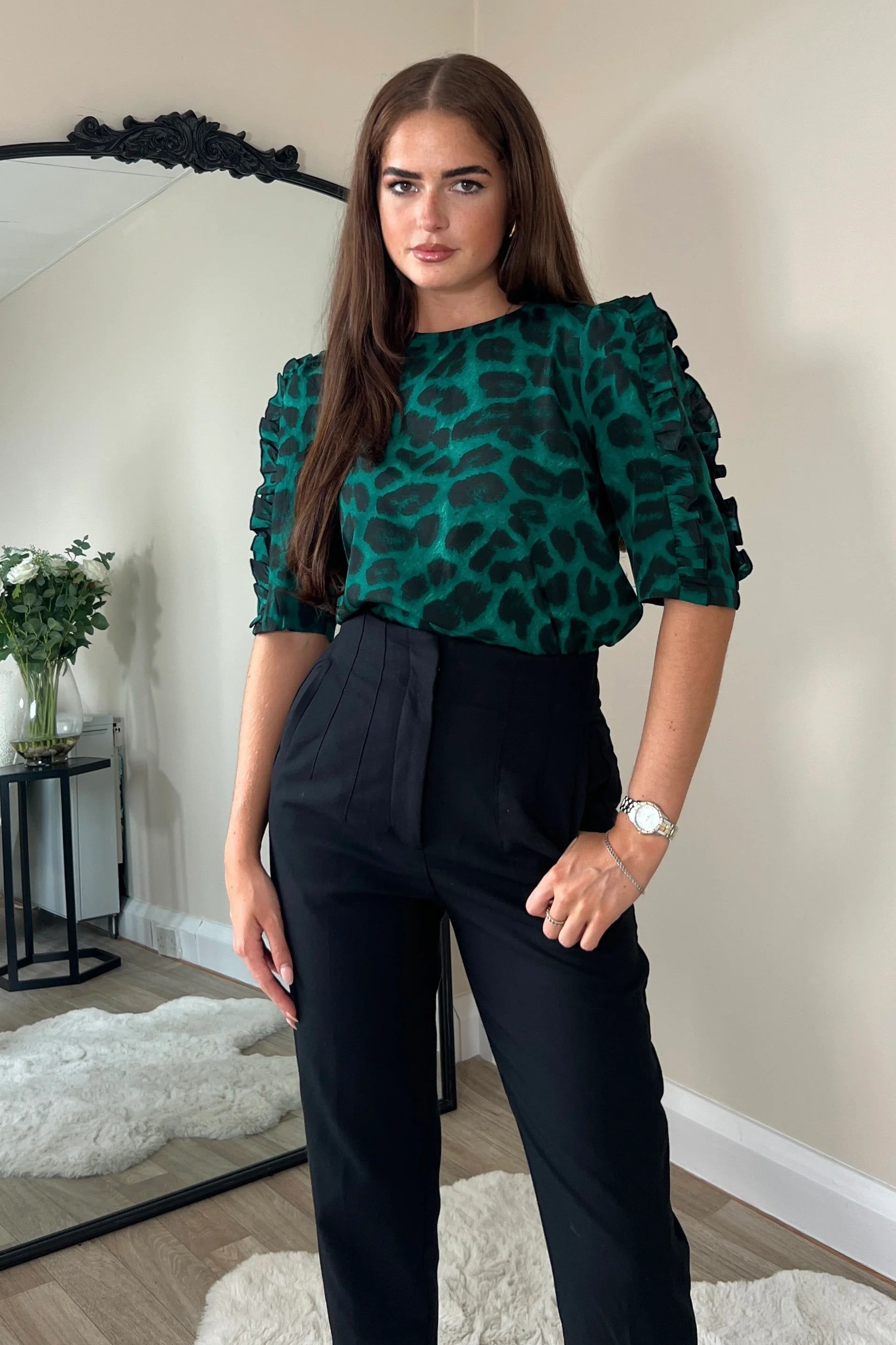 Asher Animal Print Frill Sleeve Blouse - Green Women's Fashion Top for Casual Wear & Party Outfits