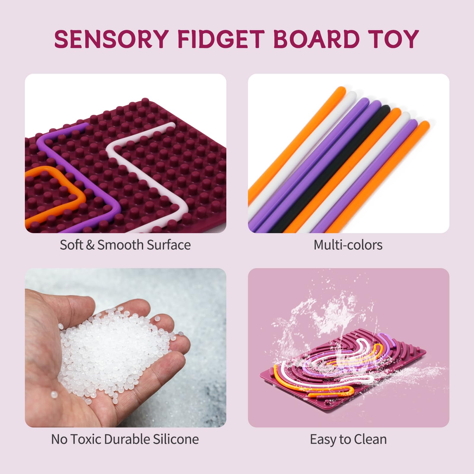 Double-Sided Silicone Sensory Fidget Board for Kids & Adults - Stress Relief, Anxiety, ADHD & Autism Therapy - Includes 20 Strings & Portable Storage Bag (Purple) - Perfect for Home, Office, Travel & Classroom Use