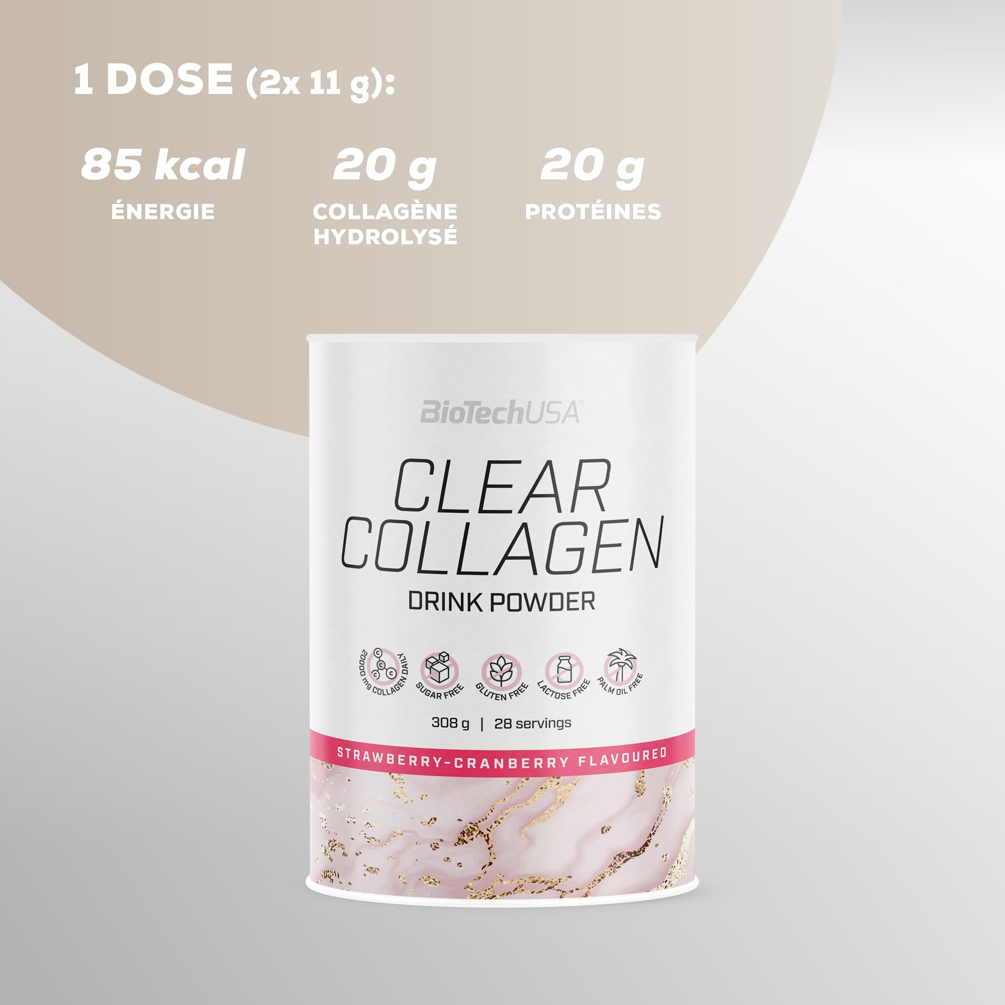 BioTechUSA Clear Collagen Powder - Hydrolyzed Collagen Drink Mix with Natural Sweeteners, 308g, Strawberry-Cranberry Flavor | Supports Skin, Hair & Joint Health | Perfect for Post-Workout Recovery & Daily Wellness Routine