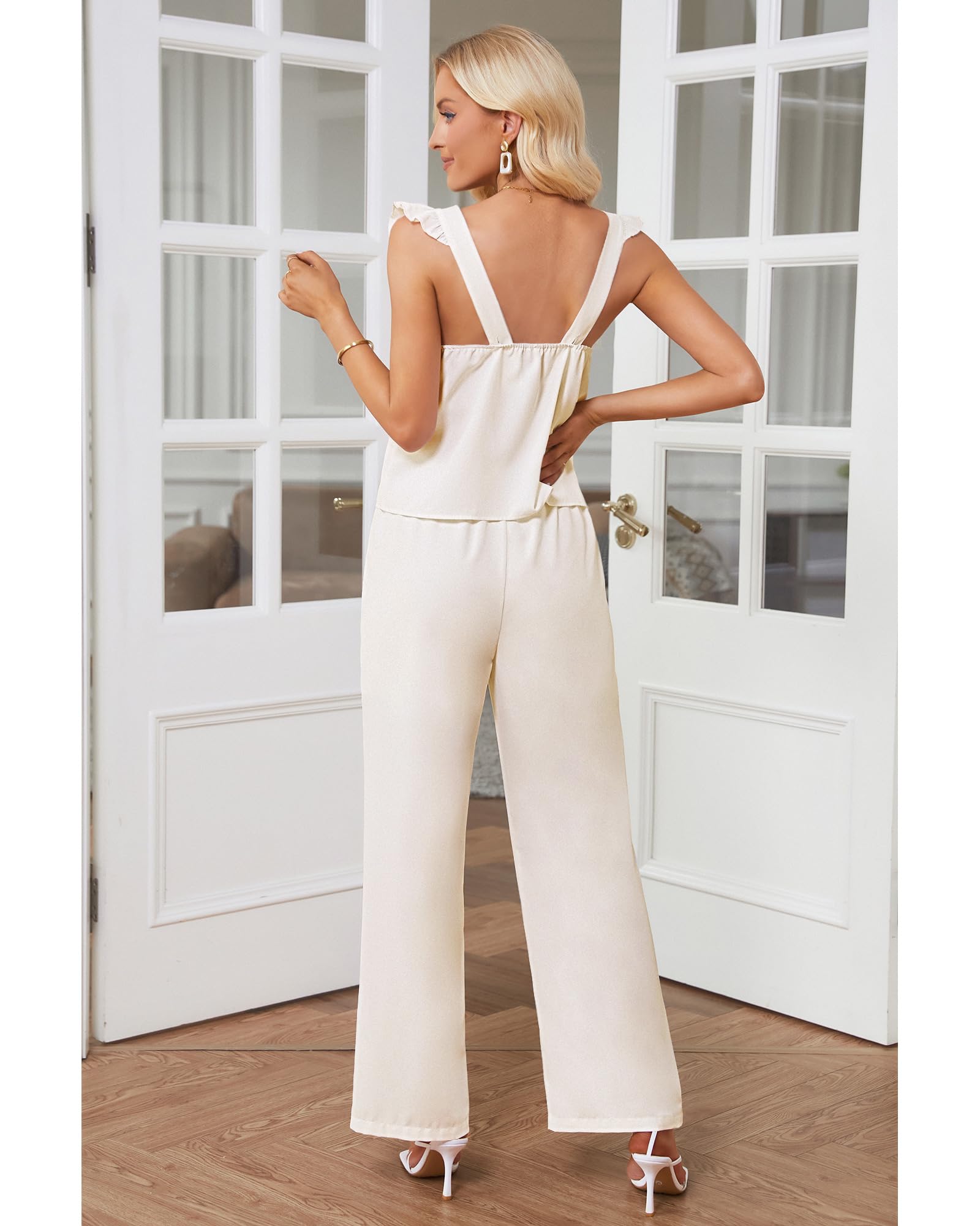 Luvamia Women's Two Piece Outfits - Flowy Square Neck Top & High Waisted Wide Leg Pants with Pockets | Summer Vacation Outfit Set | Beach, Travel, Casual Wear