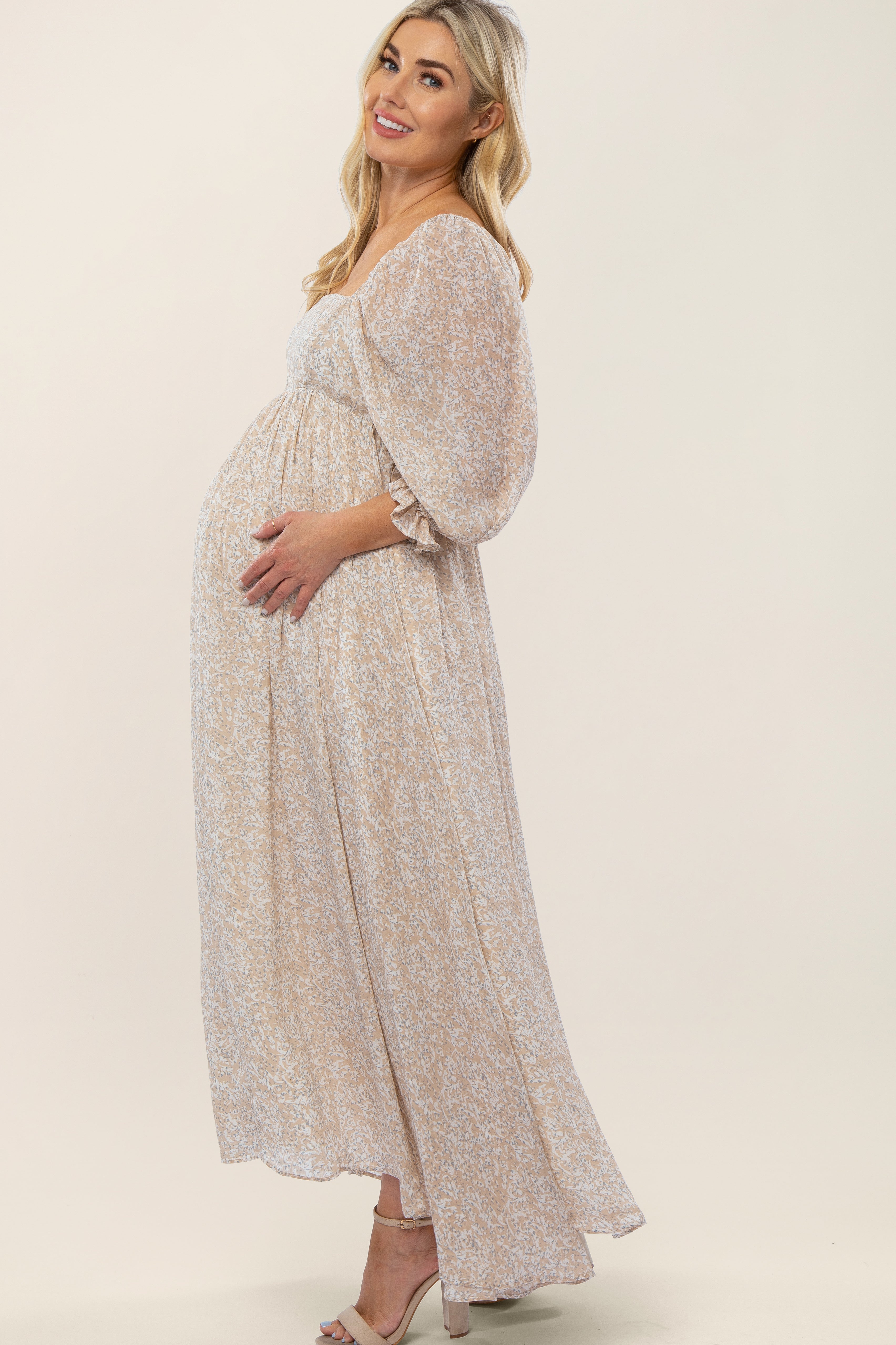 Beige Chiffon Printed Square Neck Empire Waist Maternity Maxi Dress for Pregnancy, Nursing & Special Occasions - Flowy Summer Wedding Guest Dress & Photoshoot Outfit