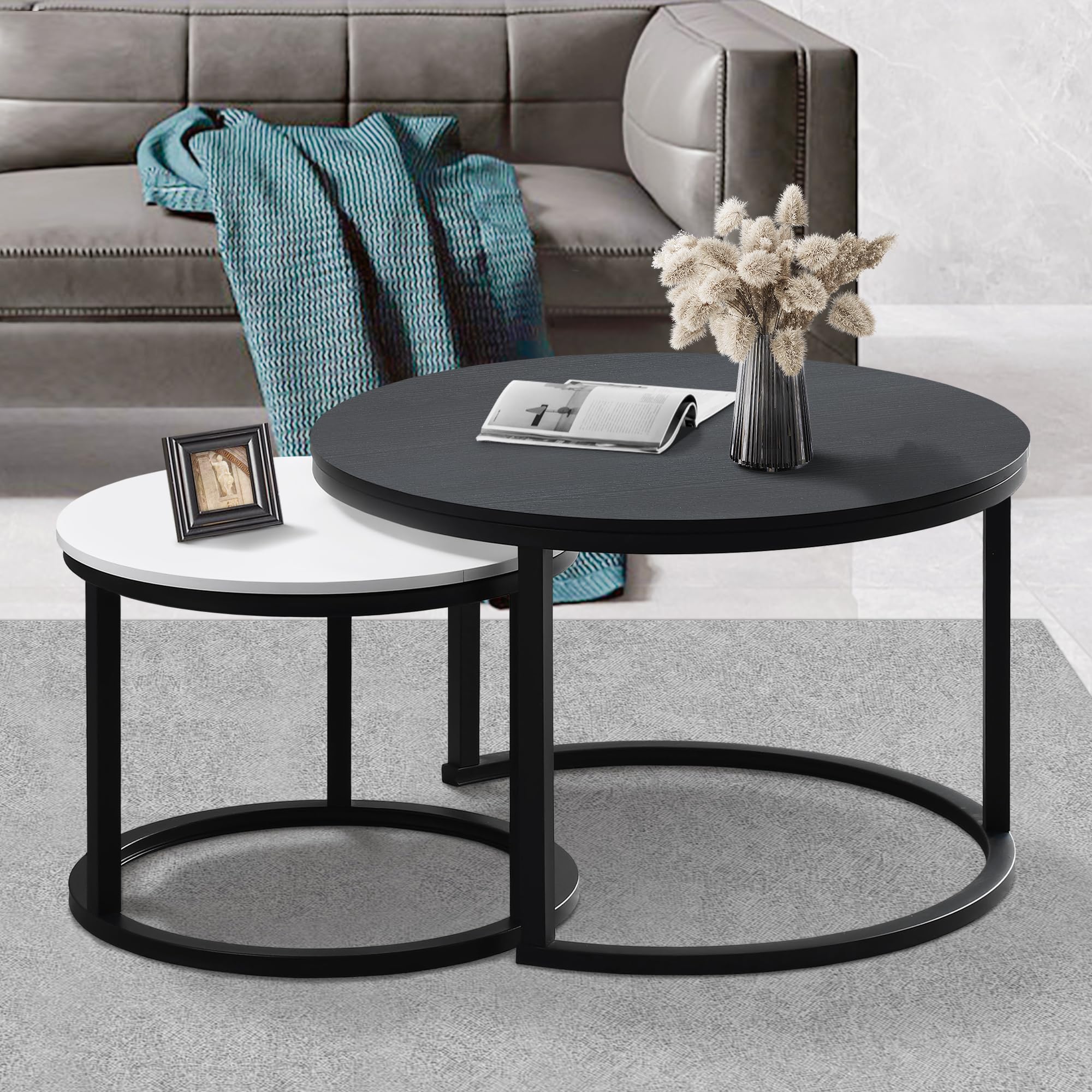 27.5 Inch Round Wood Coffee Tables Set of 2 - Modern Black and White Side Tables with Drawers for Small Spaces, Living Room, Bedroom & Office - Perfect for Coffee, Books & Decor