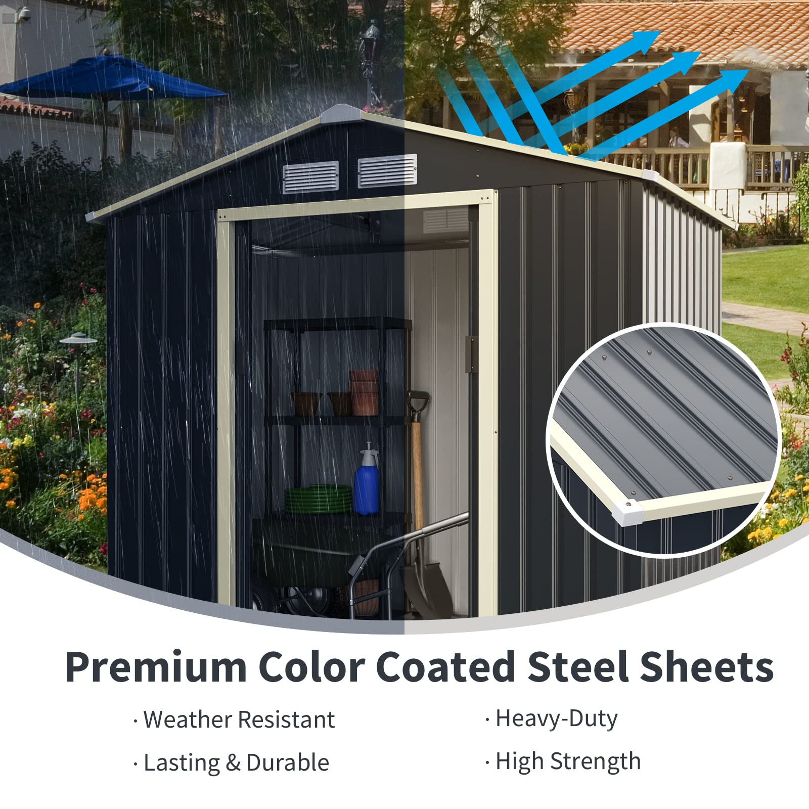 IRONMAX 7x4 FT Heavy Duty Outdoor Storage Shed - Galvanized Steel Garden Shed with Double Sliding Doors & Air Vent - Perfect for Lawn Mowers, Tools, Bikes & Backyard Equipment - Ideal for Patio, Lawn & Garden Storage Organization