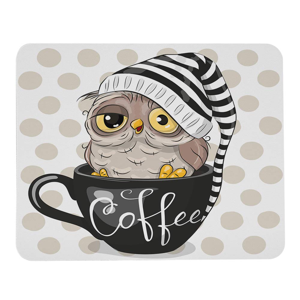 Cute Cartoon Owl Mouse Pad - Coffee Cup Design with Cap & Brown Dots - 9.5x7.9 Inch Non-Slip Office Mousepad for Computer, Laptop, Gaming & Workspace Decor