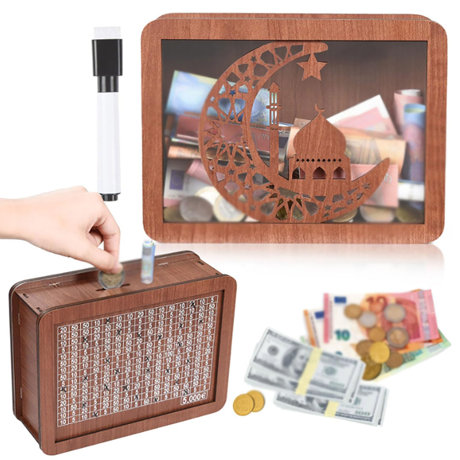 Tenkaybox Wooden Cash Vault - Premium Money Saving Box for $5000 Savings | Secure Cash Storage for Home, Office & Gift Giving | Durable Wooden Money Saver Box with Lock