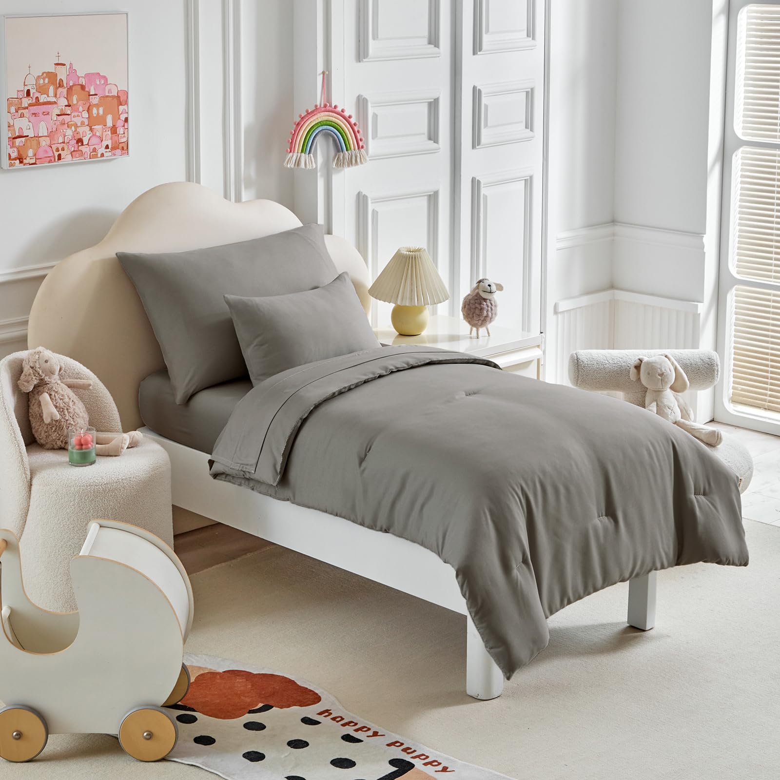 5-Piece Toddler Bedding Set for Boys & Girls - Soft, Breathable Quilted Comforter, Fitted Sheet, Flat Sheet & Pillowcases - Dark Gray - Perfect for Nursery, Daycare & Toddler Room Decor