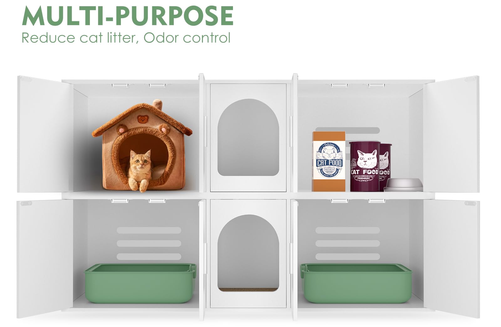 Wooden Cat Litter Box Enclosure Furniture for 2 Cats - Double Room Design with Cat Door - White | Perfect for Small Spaces & Multi-Cat Homes