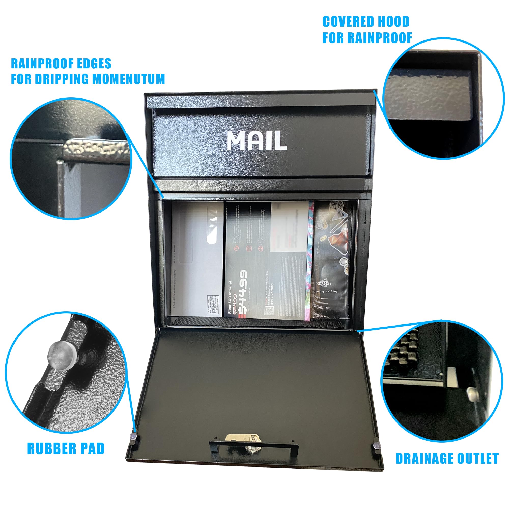 **Weatherproof Wall Mount Mailbox with Lock & Outgoing Mail Flag - Heavy Duty Galvanized Steel Security Drop Box for Home, Office & Business - Secure Payment Collection Box - Black - Perfect for Apartments, Stores & High-Traffic Areas**