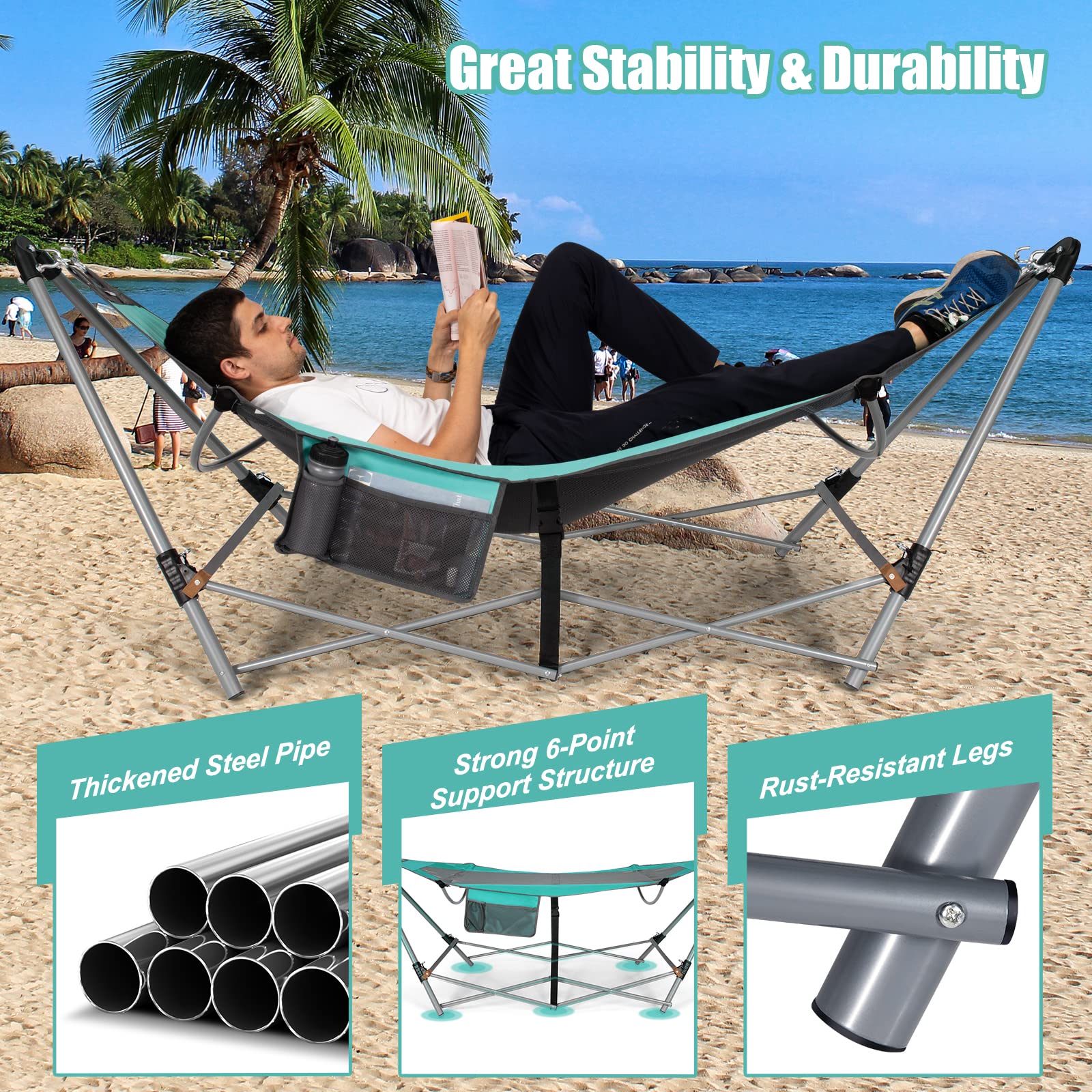 Giantex Portable Folding Hammock with Stand - Lightweight Camping Bed for Indoor & Outdoor Use, Patio, Yard, Beach - Includes Side Pocket, Anti-Tip Buckles & Sturdy Iron Frame (Turquoise Blue) - Perfect for Relaxing, Lounging, Camping Trips & Backyard Getaways