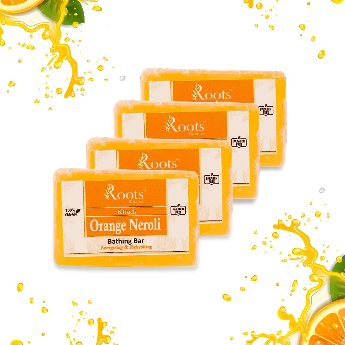Roots Botanix Herbal Orange Neroli Soap 125g (Pack of 4) - Ayurvedic Natural Soap with Essential Oils for Healthy, Hydrated Skin - Suitable for All Skin Types - Perfect for Daily Cleansing, Aromatherapy & Relaxing Bath Time