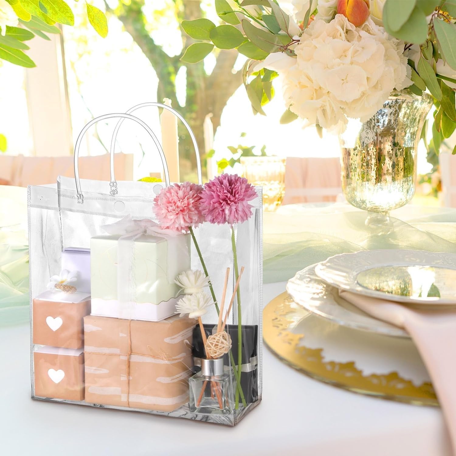 SATYAM KRAFT 6-Pack Clear Plastic Gift Bags with Handles - 25.5cm Height, Perfect for Valentine's Day, Weddings, Birthdays, Parties & Festive Occasions - Great for Party Favors, Wedding Return Gifts & Holiday Present Wrapping